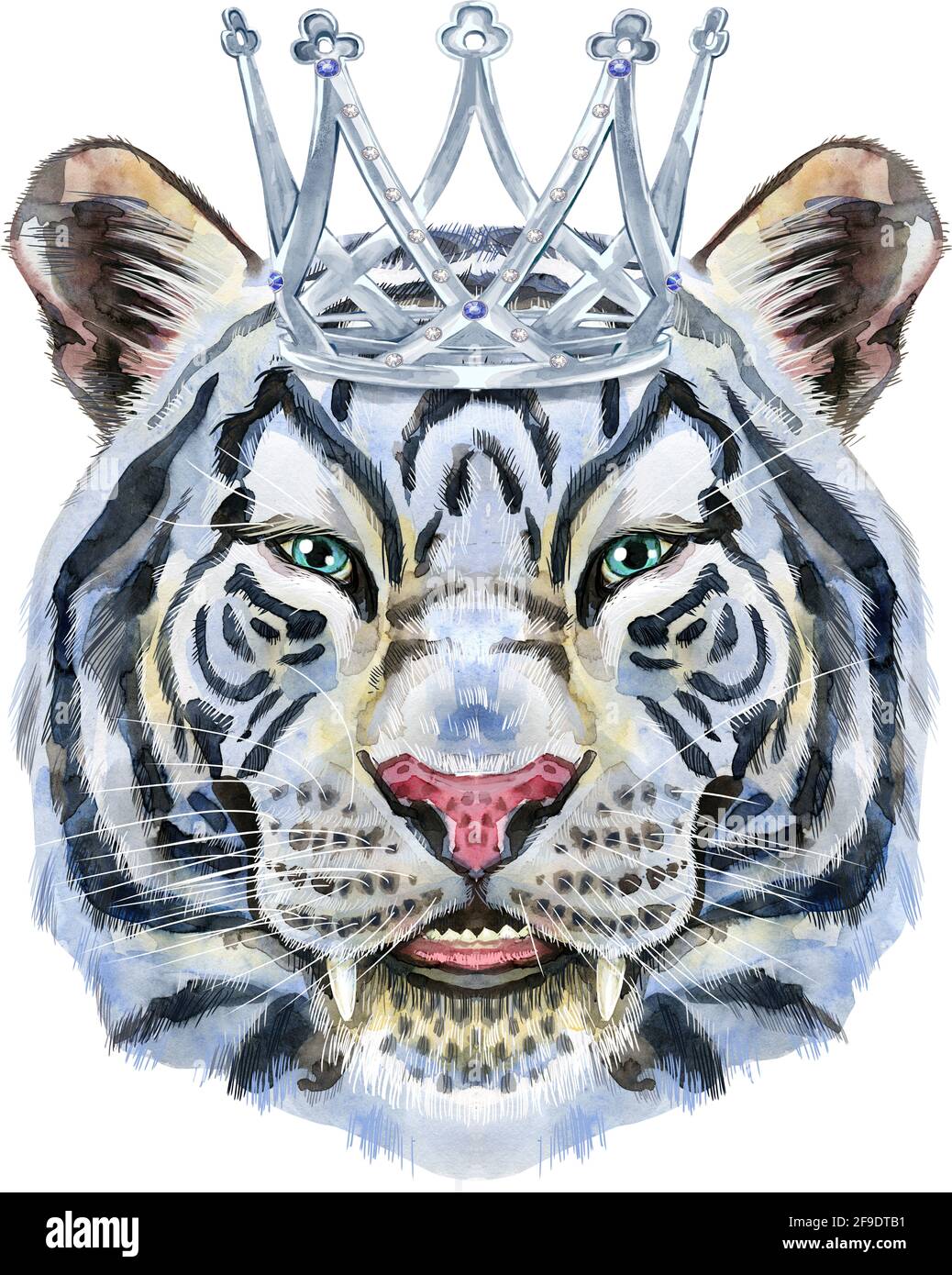 Watercolor illustration of white smiling tiger with silver crown. Stock Photo