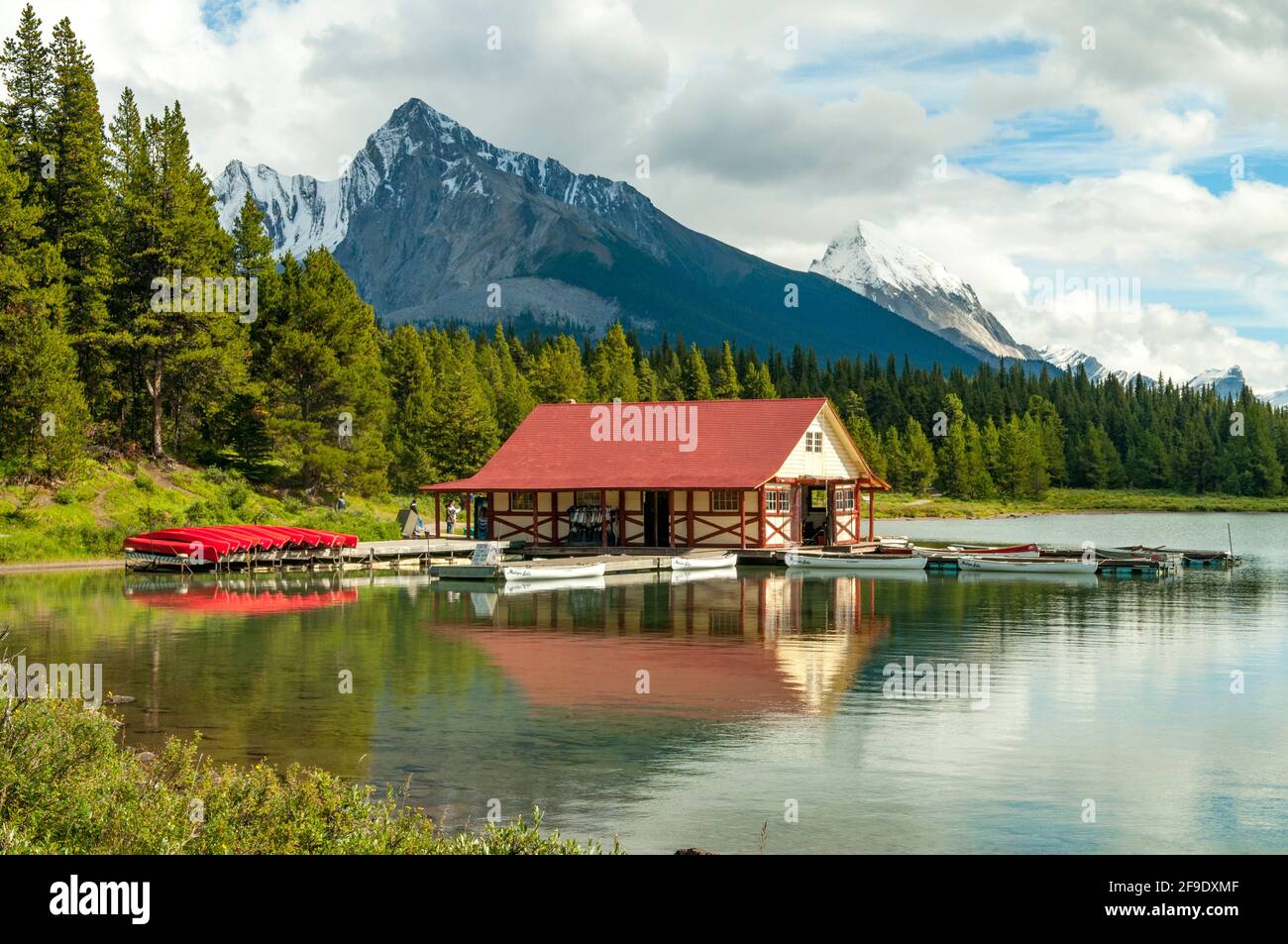 Boathouse on Lake Maligne, Alberta, Canada Stock Photo