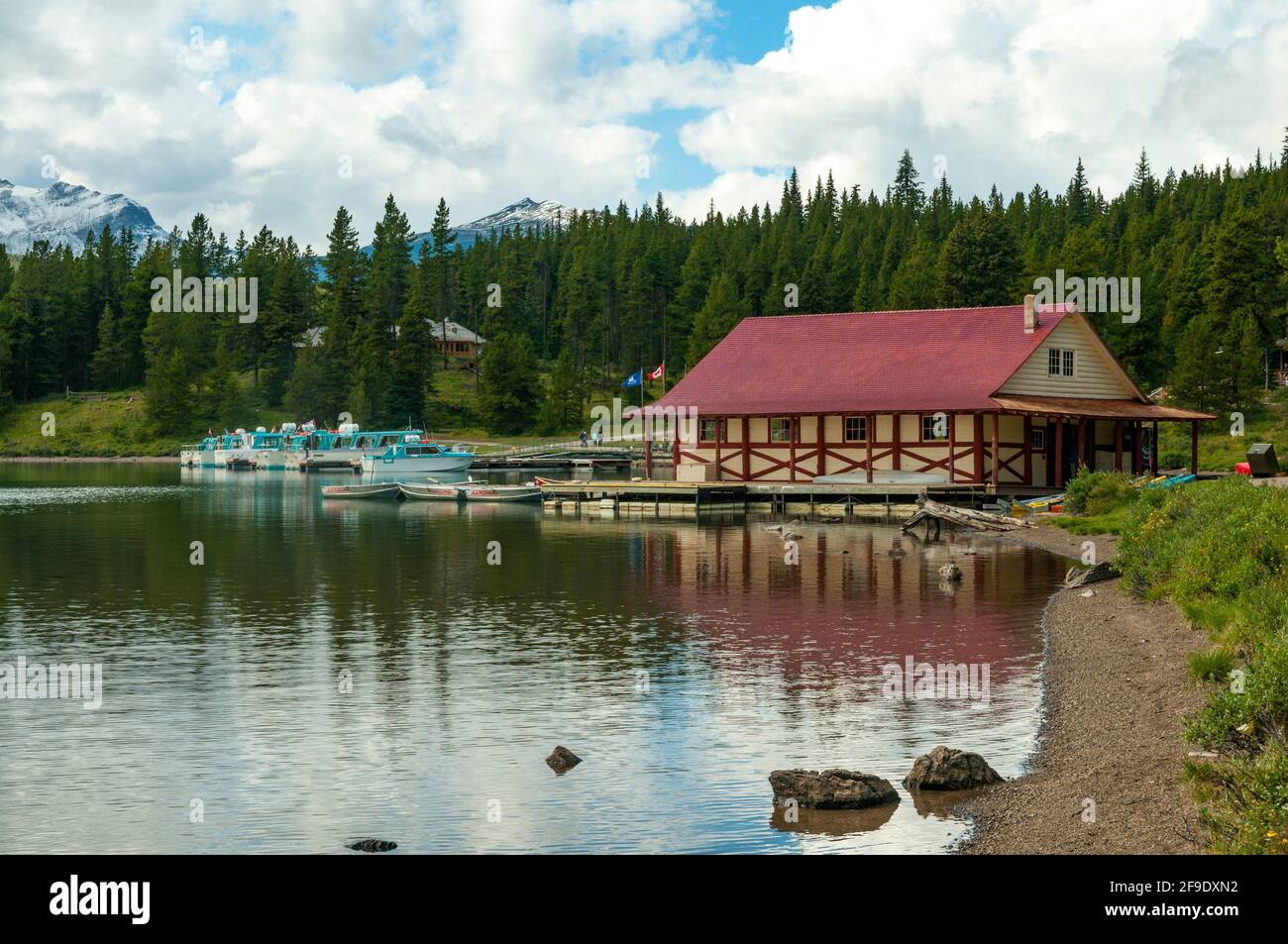 Boathouse on Lake Maligne, Alberta, Canada Stock Photo