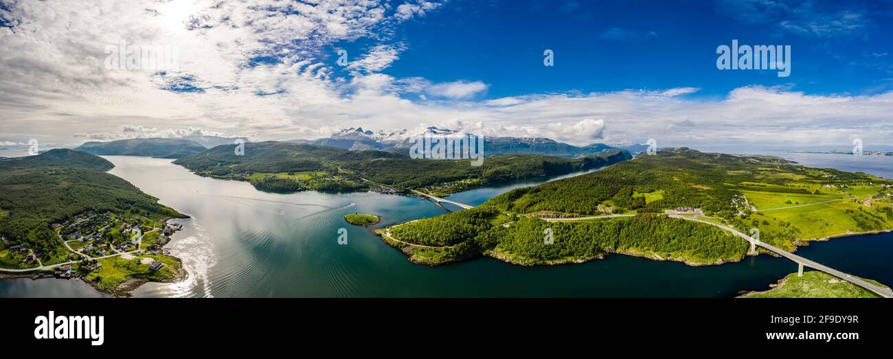 Panorama Beautiful Nature Norway natural landscape. Whirlpools of the maelstrom of Saltstraumen, Nordland, Norway Stock Photo