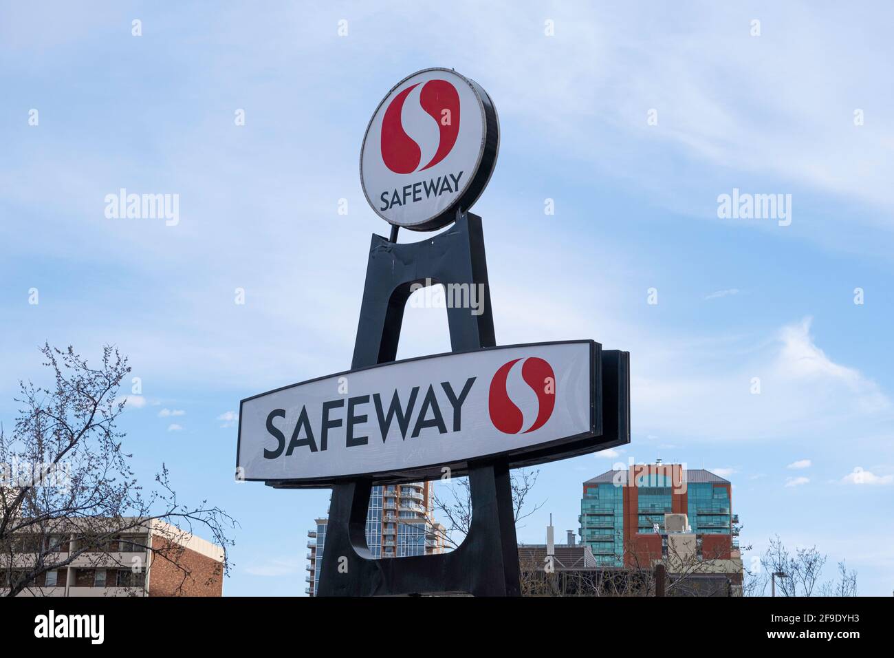 April 17 2021 - Calgary Alberta Canada - Safeway supermarket chain sign Stock Photo