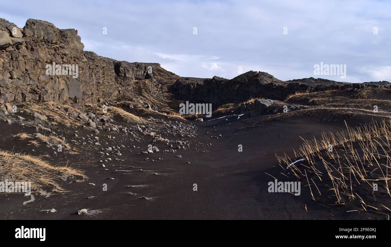 Rock fissure over the Mid Atlantic Ridge (MAR), where Eurasian and American tectonic plates drift apart, near the Bridge Between Continents, Iceland. Stock Photo
