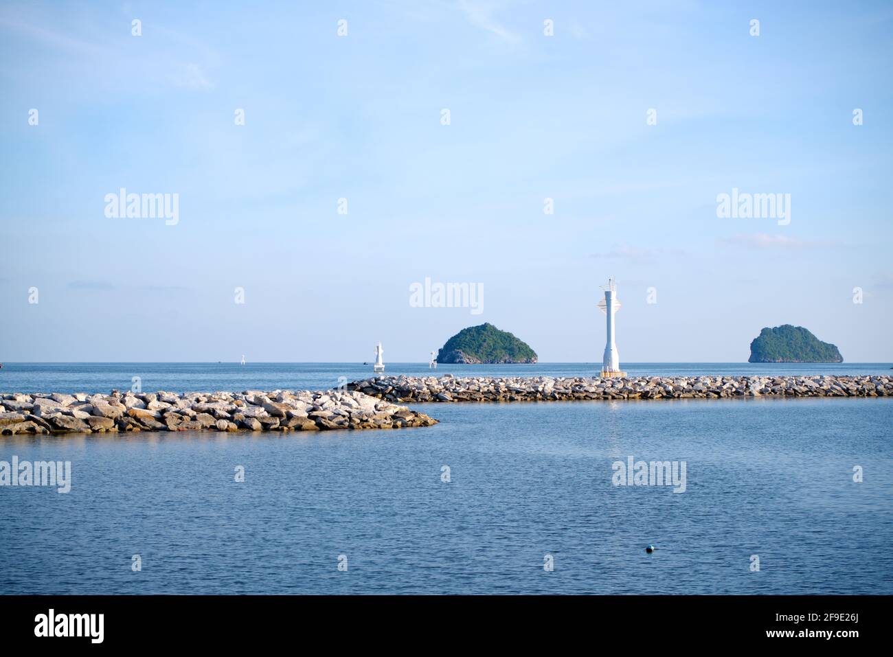 The Famous viewpoint of Lighthouse in Ao Manao bay and Ao Manao beach. Prachuap Khiri Khan, Thailand in 14th October 2019. Stock Photo