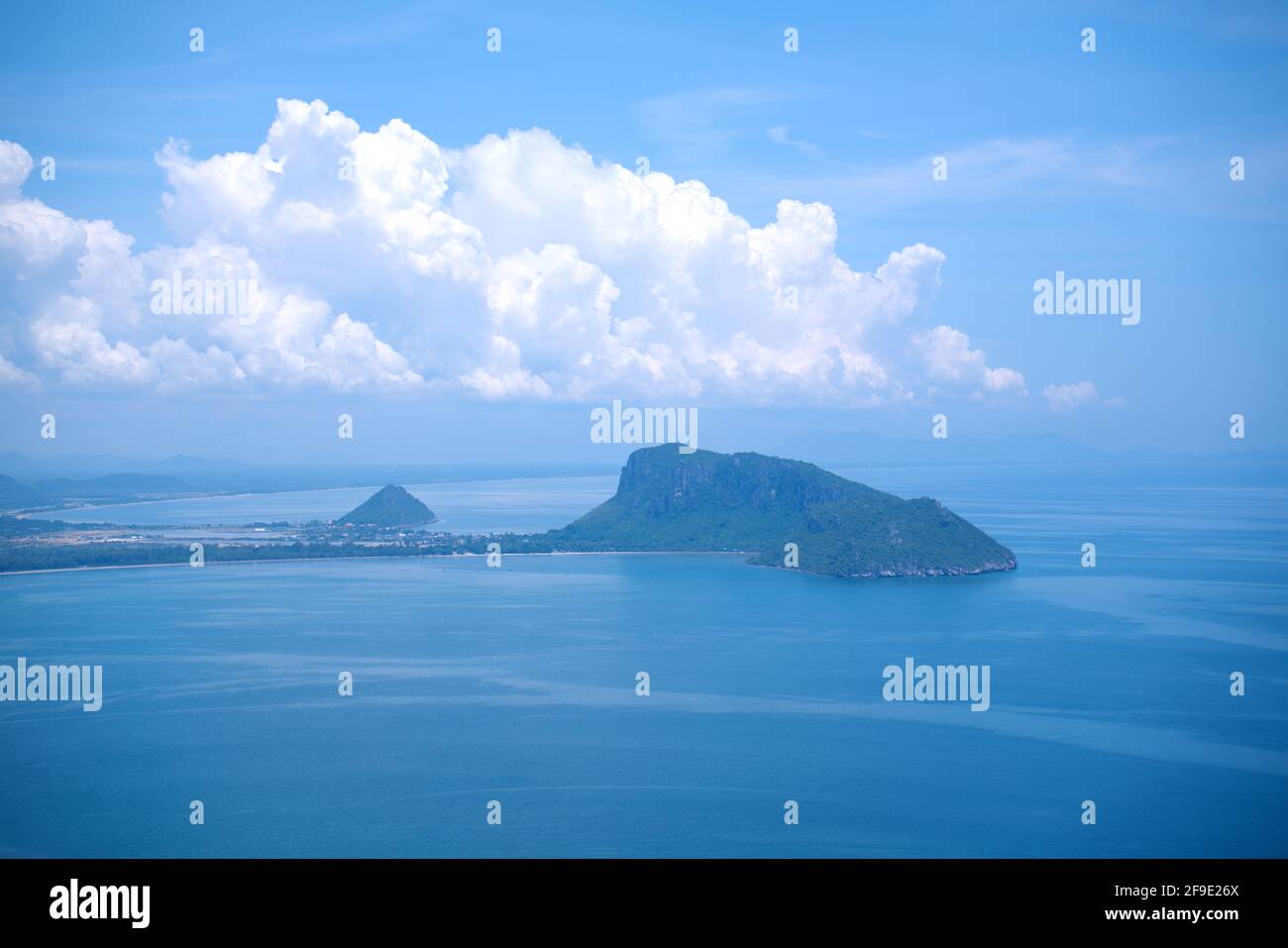 The Famous viewpoint at Kao Lom Muak mountain aerial view of Ao Manao bay and Ao Manao beach. Prachuap Khiri Khan, Thailand in 14th October 2019. Stock Photo
