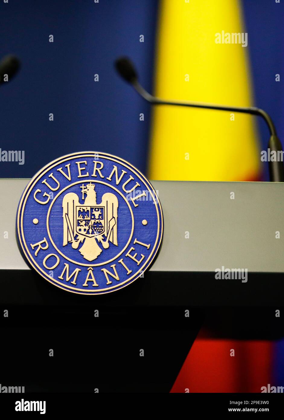 Bucharest, Romania - April 17, 2021: Details with the Romanian Government logo during a press conference held by a politician. Stock Photo