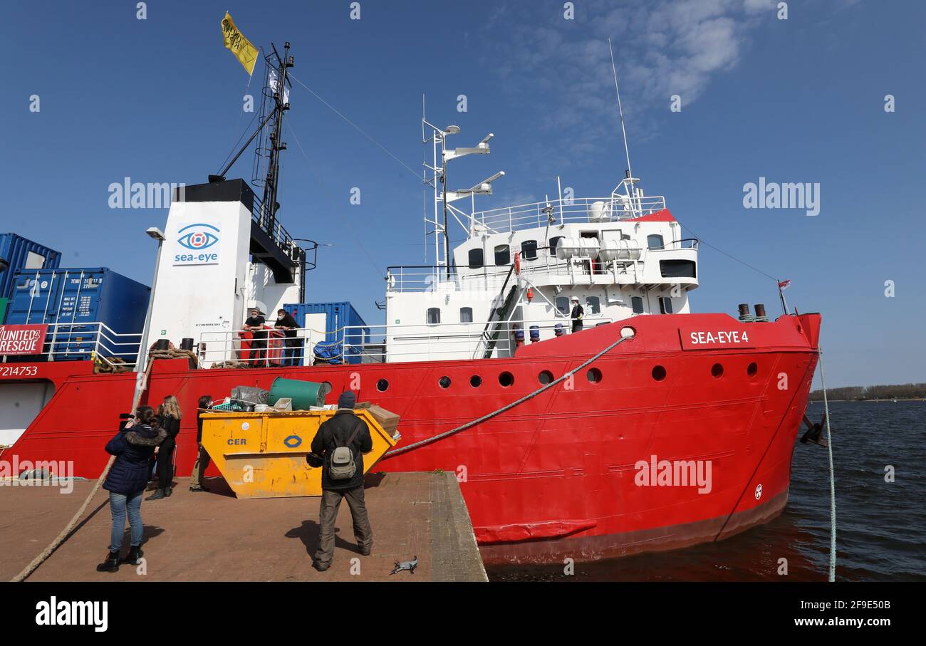 Rostock, Germany. 17th Apr, 2021. The sea rescue ship "Sea-Eye 4" departs from the fishing port to head for the Mediterranean. The former offshore supply ship, built in 1972, had been prepared for deployment in the Polish port of Swinoujscie and in Rostock over the past few months. The 55-metre-long ship belonging to the Regensburg-based aid organisation Sea-Eye offers plenty of space for the initial treatment of rescued people. Credit: Bernd Wüstneck/dpa-Zentralbild/dpa/Alamy Live News Stock Photo