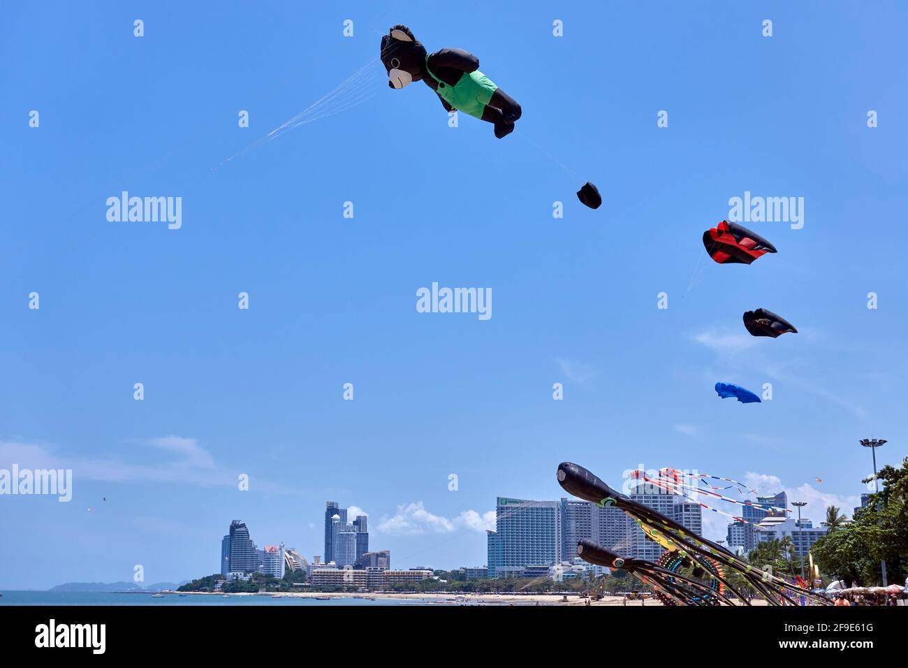 Kite flying festival with large kites on the beach at Pattaya Thailand