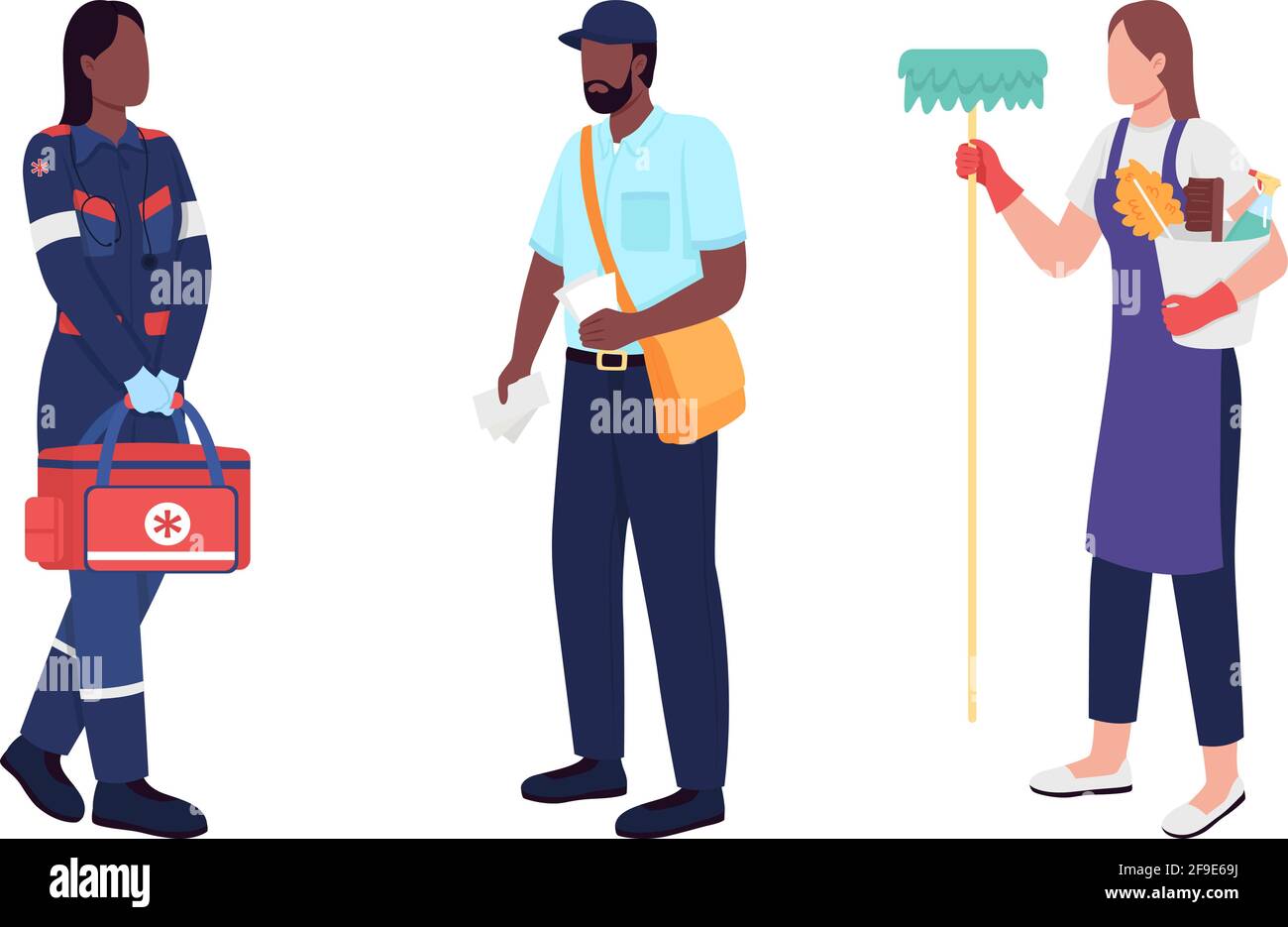 Key workers flat color vector faceless character set Stock Vector