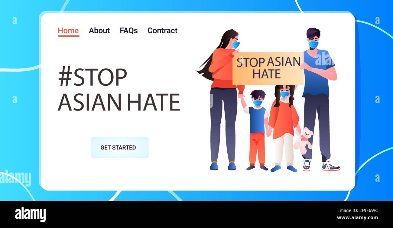 stop asian hate family in masks holding banner against racism support people during coronavirus pandemic Stock Vector