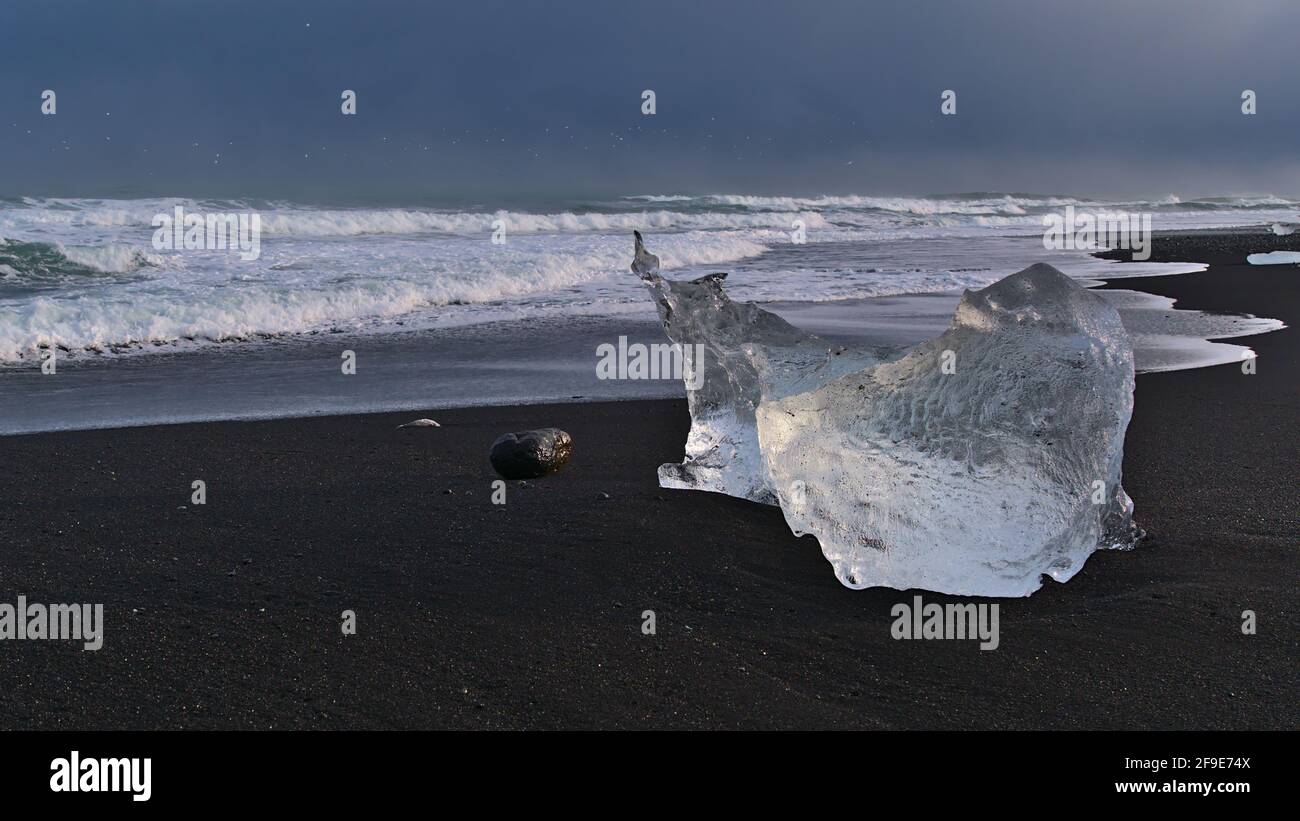 Beautiful small iceberg with clear ice surface on diamond beach near Jökulsárlón and ring road in south Iceland in evening sunlight with the rough sea. Stock Photo