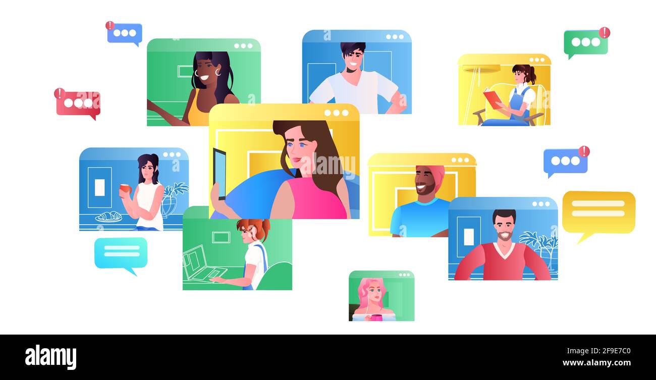 mix race friends in web browser windows chatting during video call ...