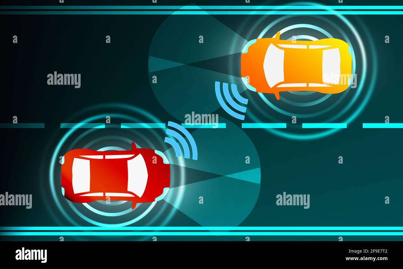 An illustration of selfdriving cars connecting on autopilot on the