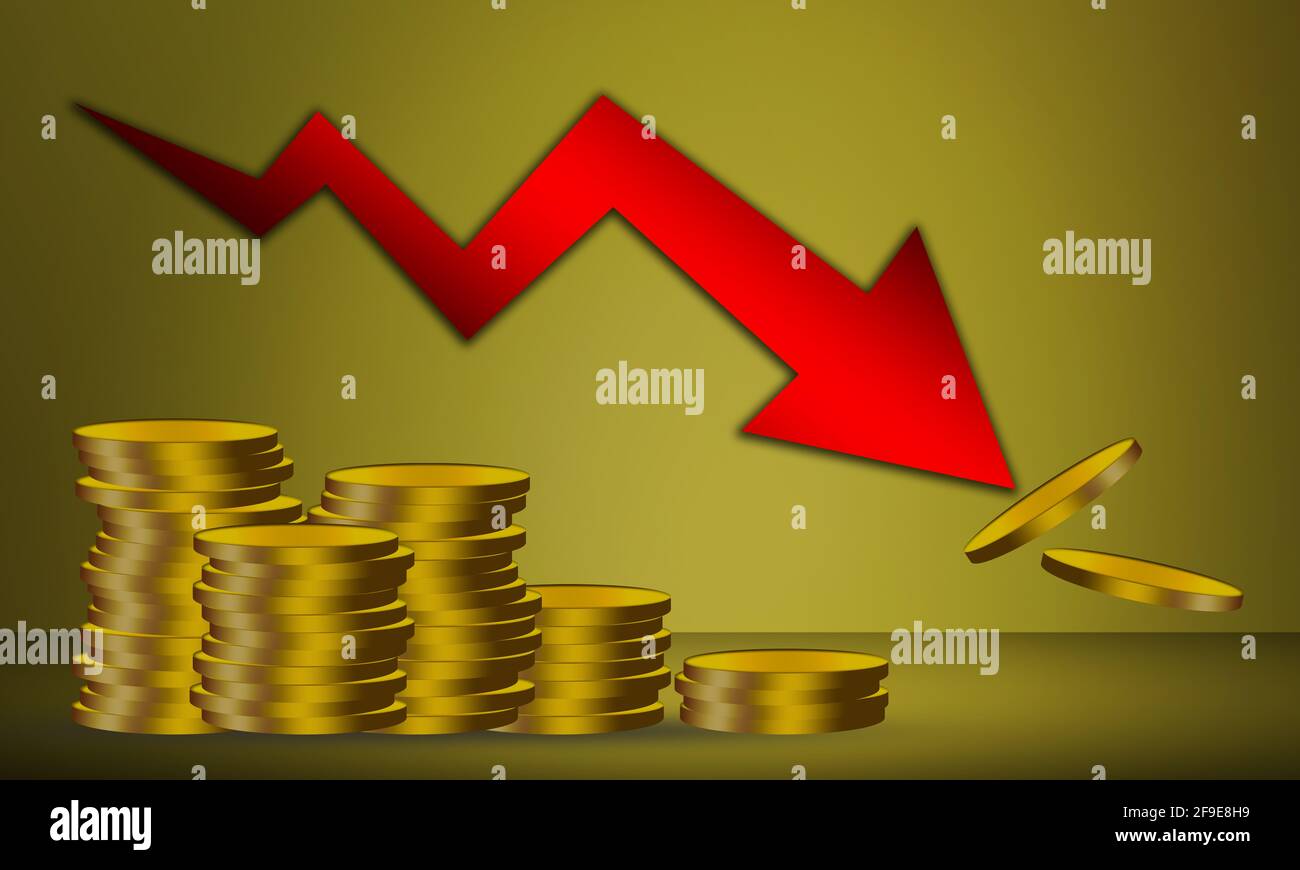 An illustration of coin stacks and a red decreasing arrow indicating ...