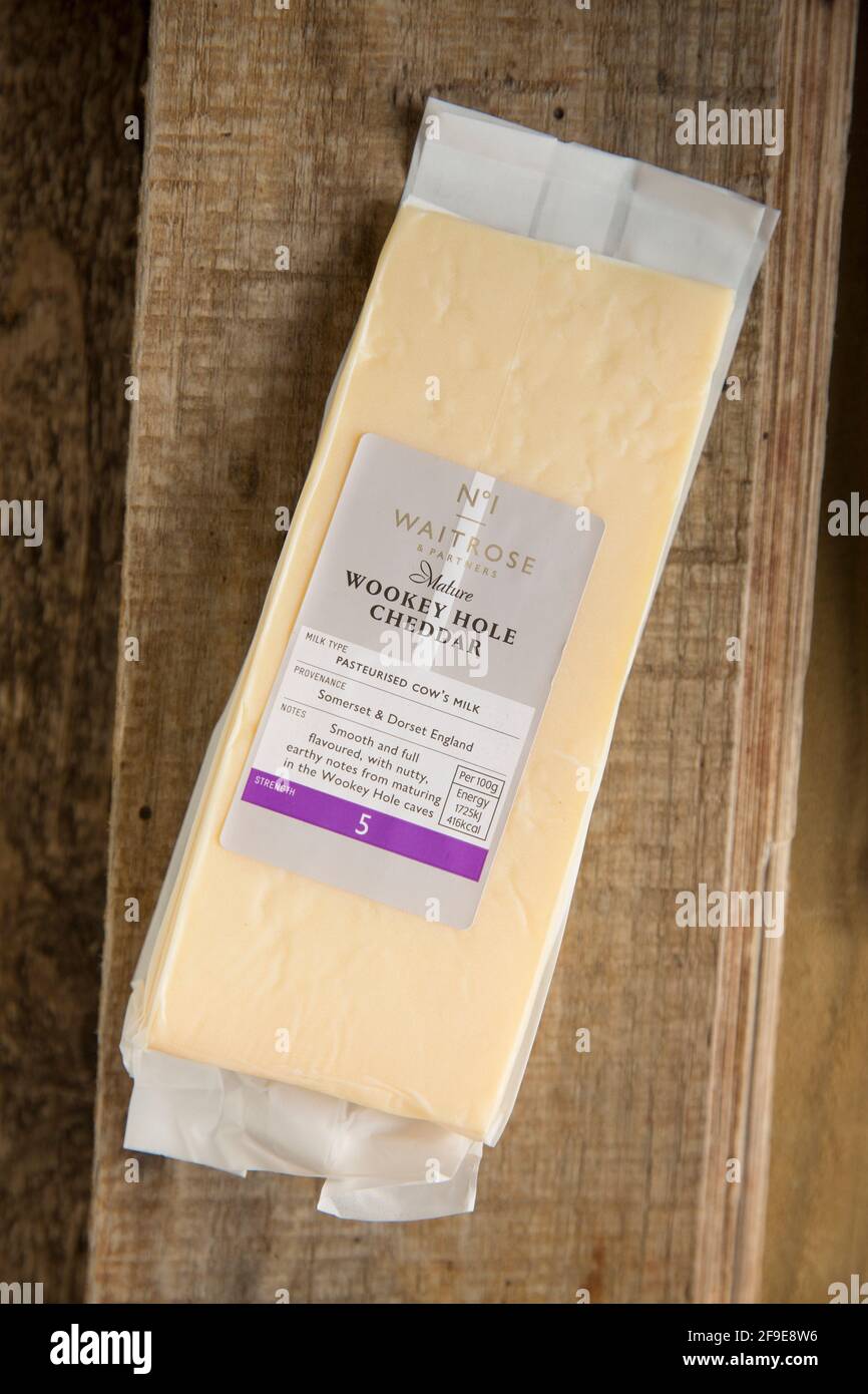 An example of Wookey Hole Cheddar cheese bought from a Waitrose supermarket in the UK. England UK GB Stock Photo