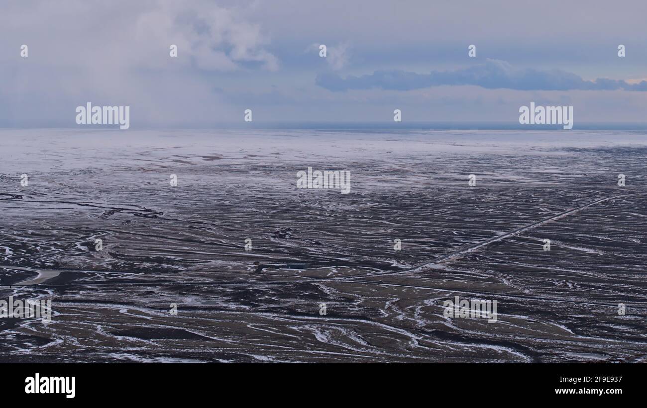 Stunning aerial panoramic view of the barren landscape on the southern coast of Iceland, called Öræfasveit (Icelandic for wasteland, also Öræfi). Stock Photo