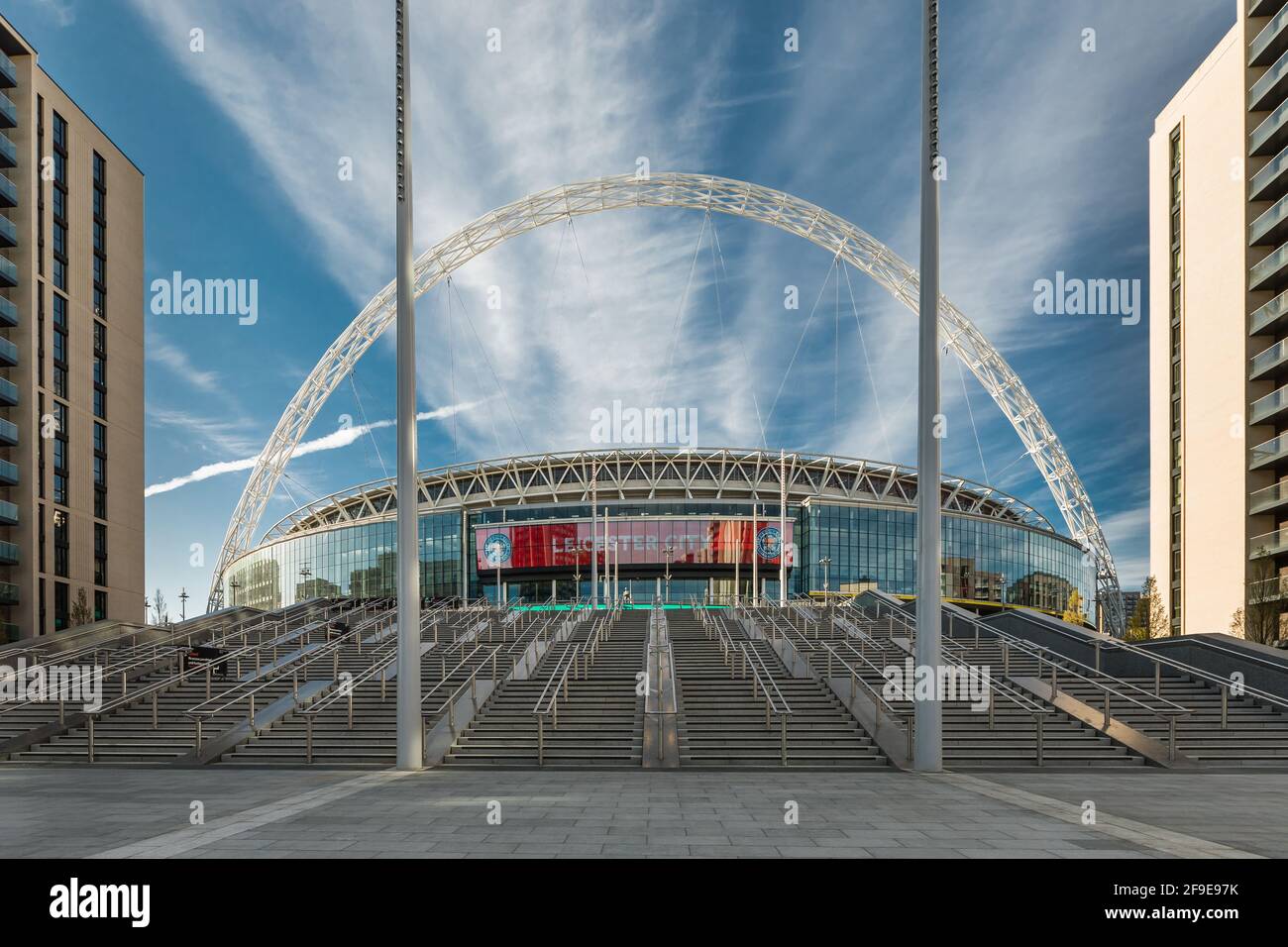 Wembley Stadium, Wembley Park, UK. 18th April 2021.Wembley Stadium's new Olympic Steps are open to the public ahead of todays FA Cup semi-final between Leicester City and Southampton.  4,000 football fans will attend todays event at Wembley, the largest crowd to have watched a football match in a major British stadium for more than 12 months. Amanda Rose/Alamy Live News Stock Photo