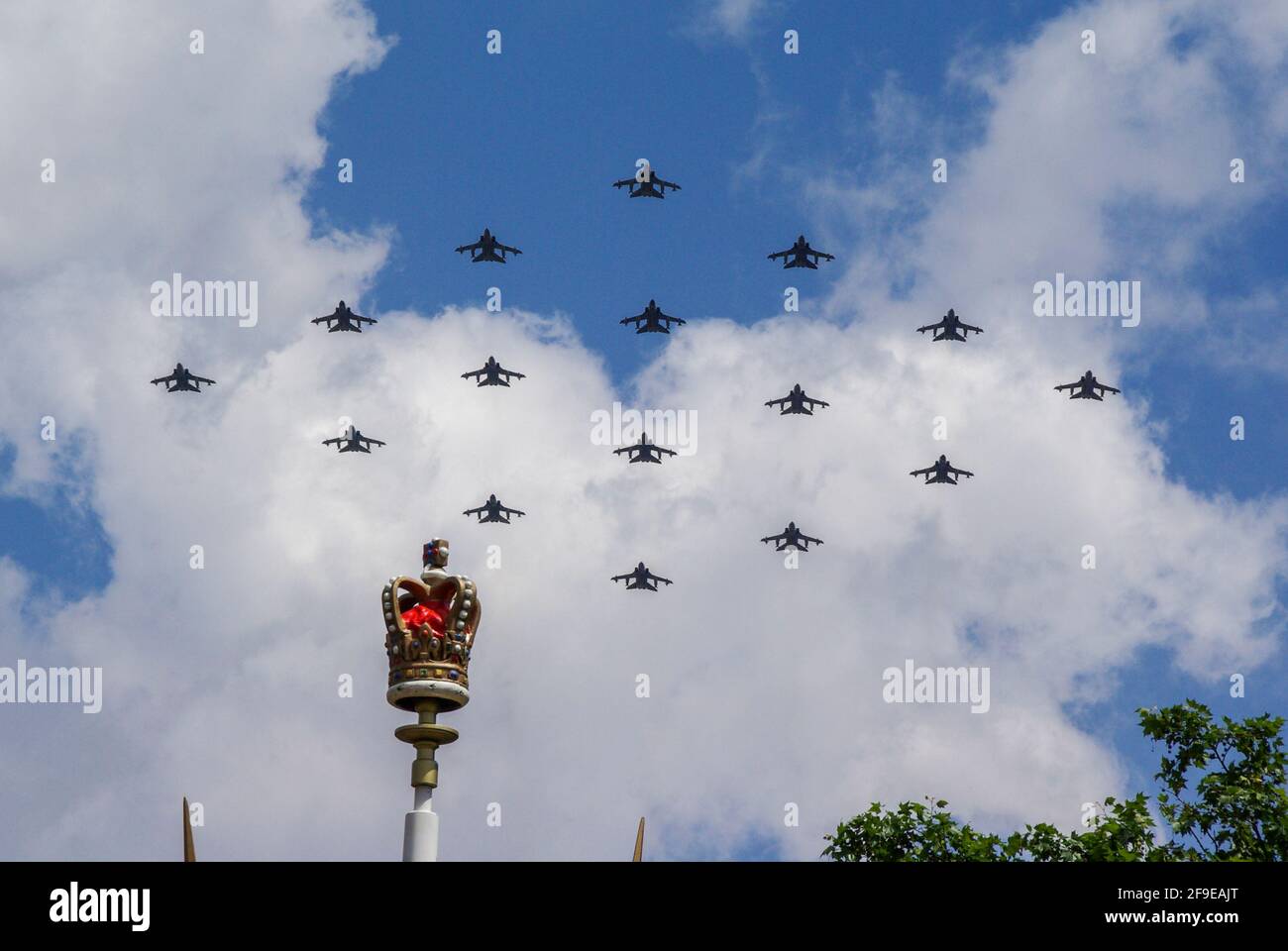 Large formation of RAF Royal Air Force Panavia Tornado fighter jets flying over London, UK, for the Queen's Birthday Flypast after Trooping the Colour Stock Photo