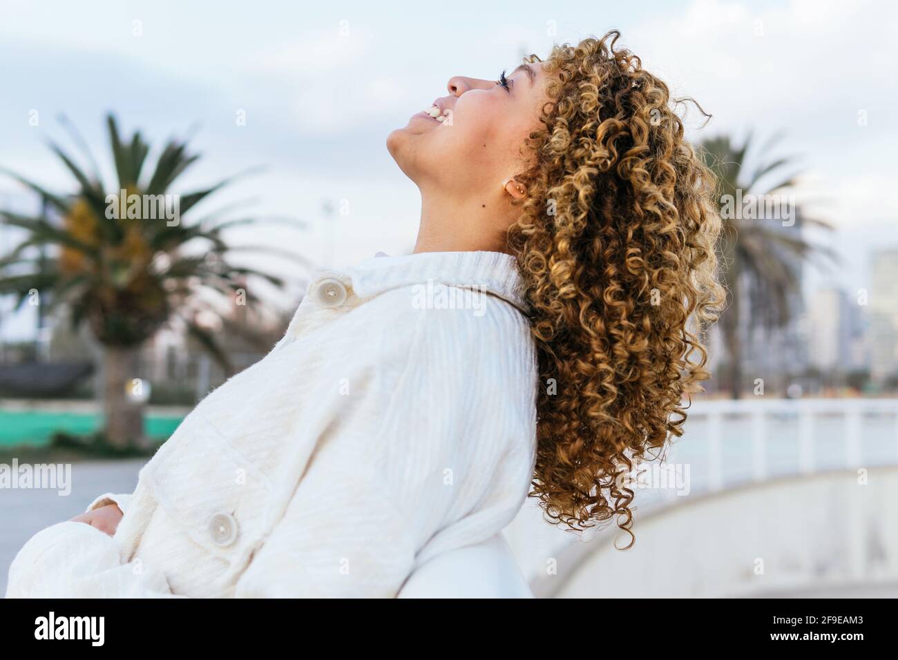 Side View Of Carefree African American Female With Curly Hair Leaning side-view-of-carefree-african-american-female-with-curly-hair-leaning