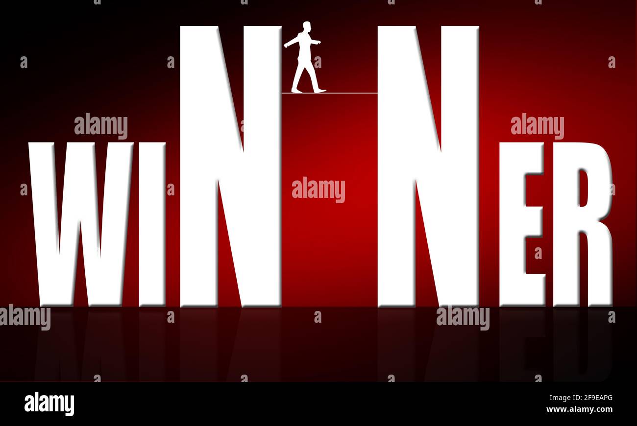 Winner Side Rope A businessman walking on a tight rope attached to the winner word on a ...