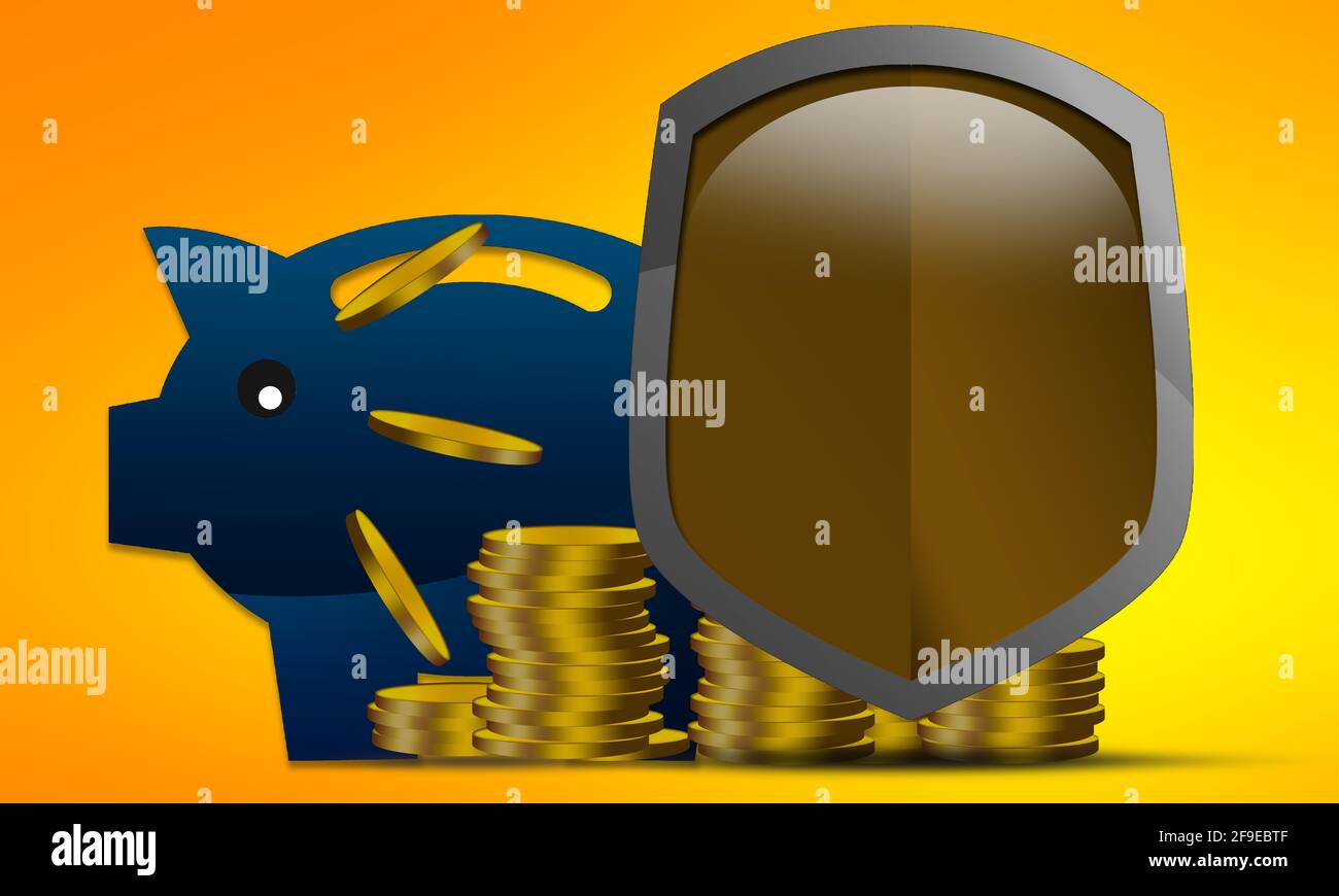 An illustration of a piggy bank and stack of coins with a shield icon ...