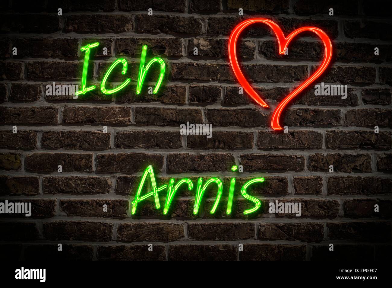 Leuchtreklame, Ich liebe Arnis, Schleswig-Holstein, Deutschland, Europa | Illuminated advertising, I love Arnis, Schleswig-Holstein, Germany, Europe Stock Photo