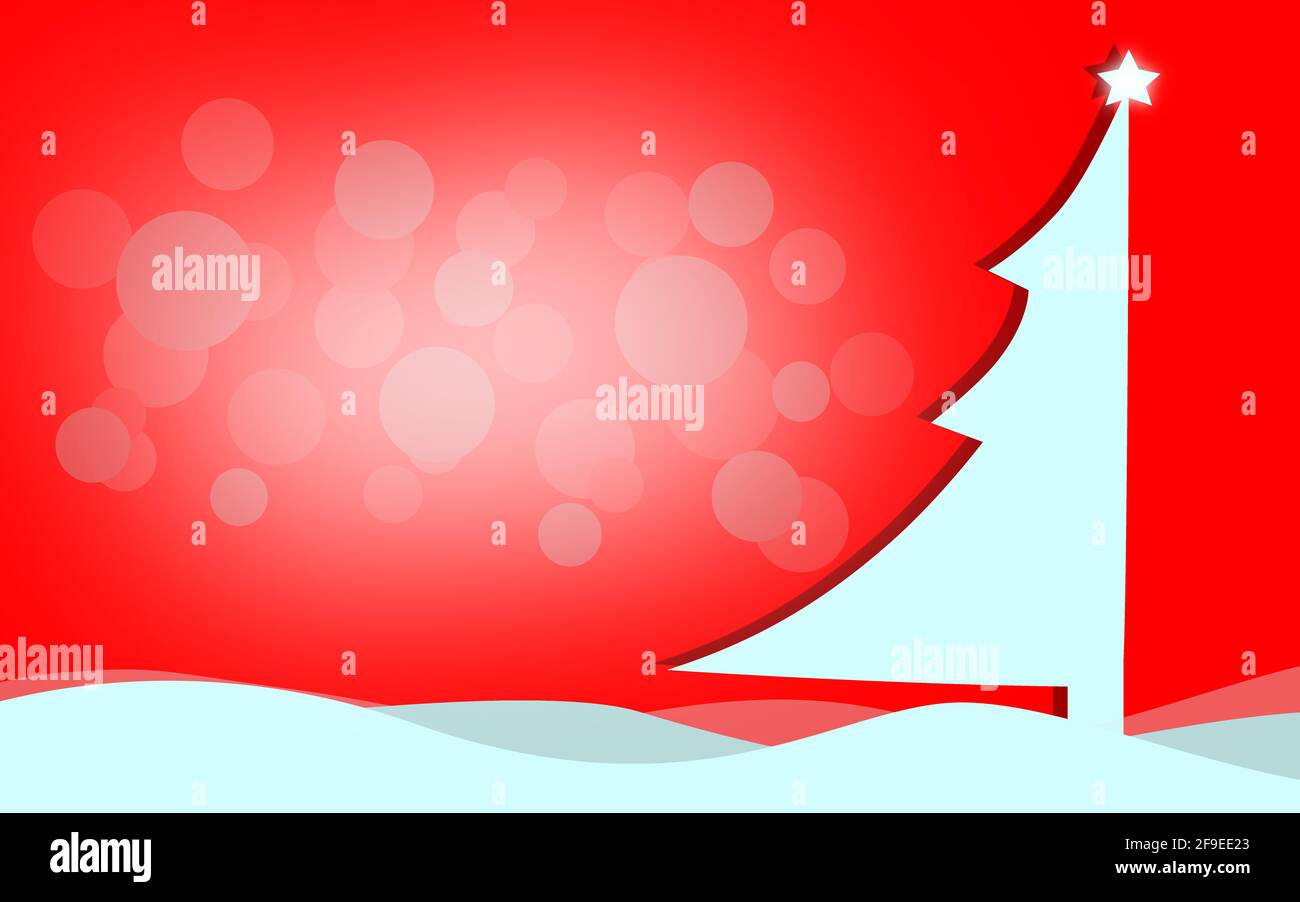 A decorated half Christree on a snowy red background Stock Photo