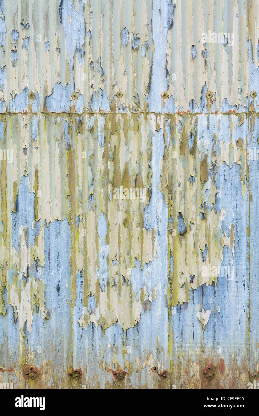 Corrugated iron texture or pattern. Roof with sheets of corrugated metal with peeling paint. Grunge, vintage or urban theme background or template, UK Stock Photo
