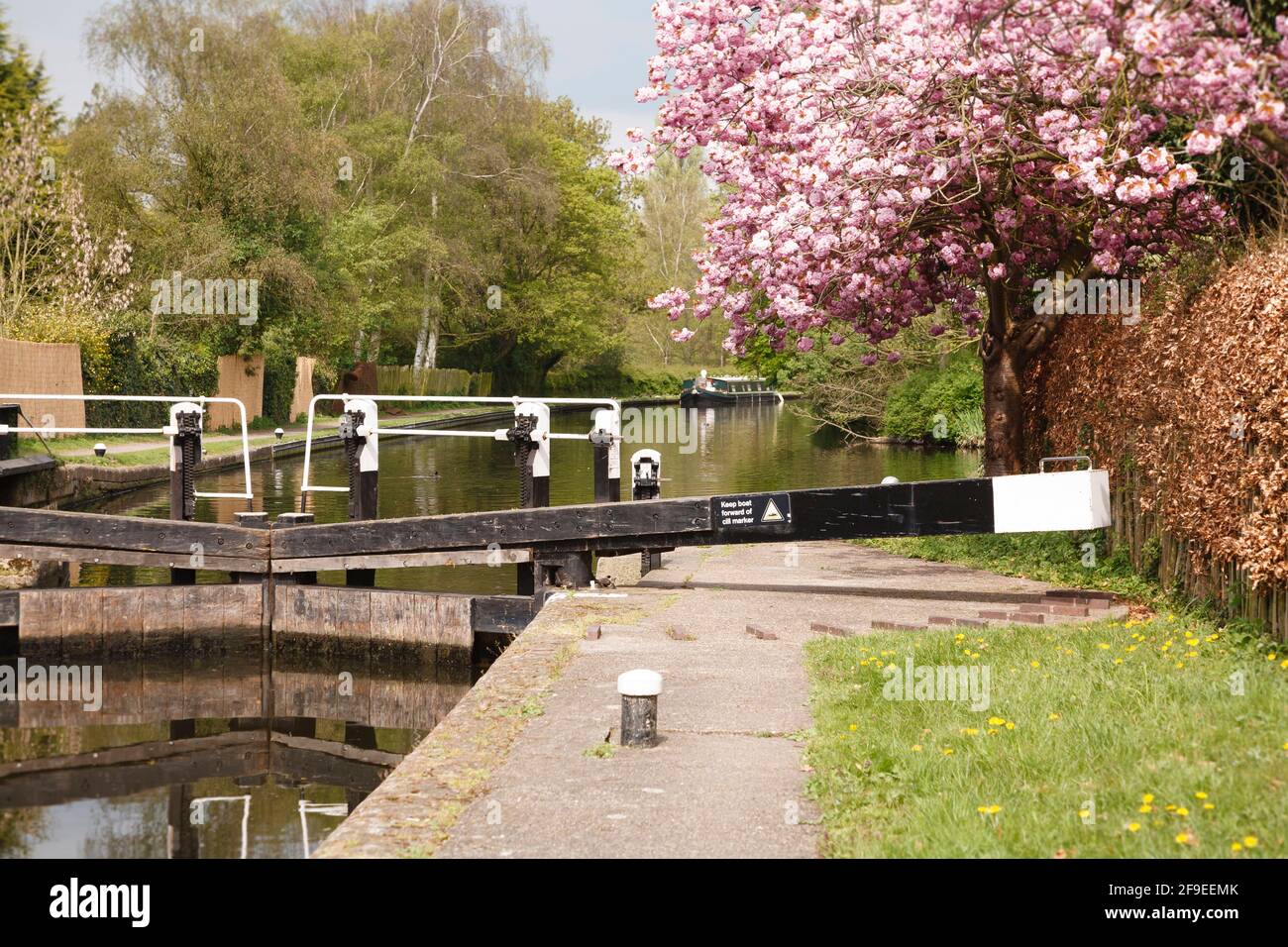 Grand Union Canal. Canal lock with narrow boat in London green belt landscape. Uxbridge, London, UK Stock Photo