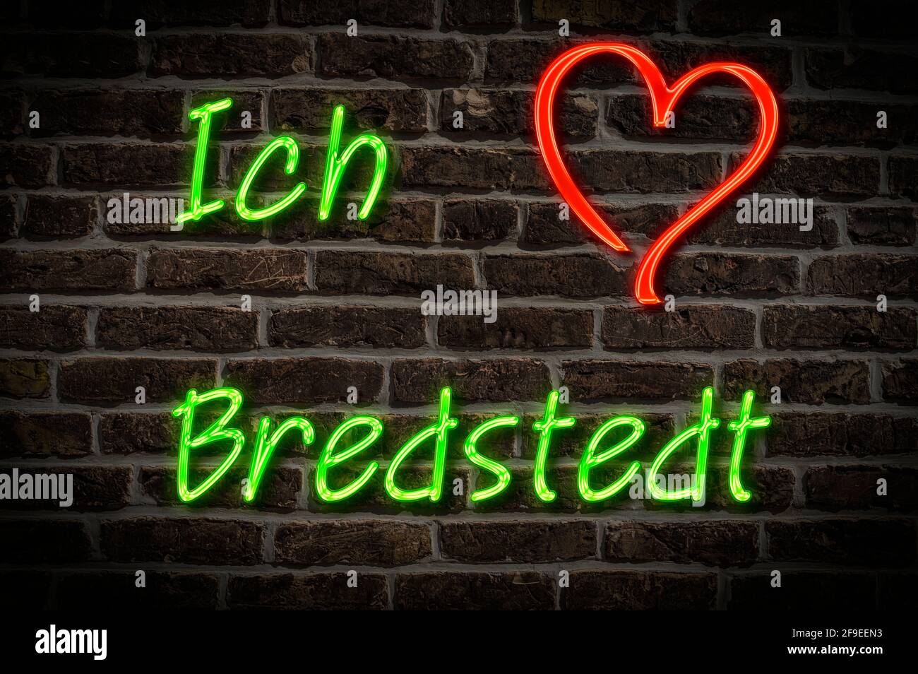 Leuchtreklame, Ich liebe Bredstedt, Schleswig-Holstein, Deutschland, Europa | Illuminated advertising, I love Bredstedt, Schleswig-Holstein, Germany, Stock Photo