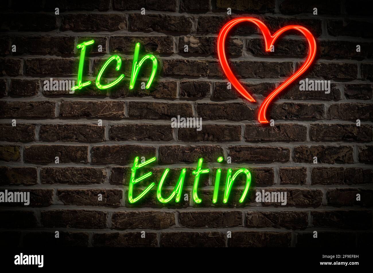 Leuchtreklame, Ich liebe Eutin, Schleswig-Holstein, Deutschland, Europa | Illuminated advertising, I love Eutin, Schleswig-Holstein, Germany, Europe Stock Photo