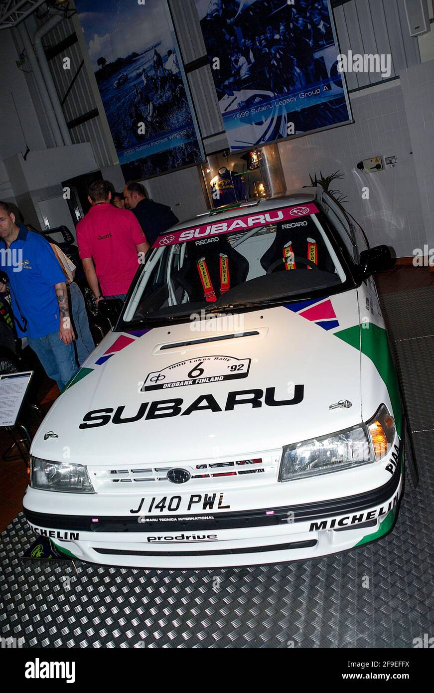 Subaru Legacy rally car, racing car on show inside the Prodrive motorsport headquarters at Banbury, Oxfordshire, UK. Raced by Colin McRae in 1993 Stock Photo