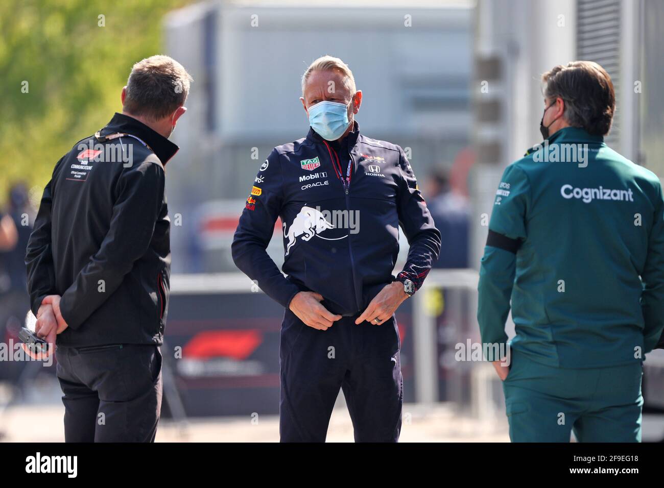 Imola, Italy. 18th Apr, 2021. (L to R): Steve Nielsen (GBR) FOM Sporting Director with Jonathan Wheatley (GBR) Red Bull Racing Team Manager and Andy Stevenson (GBR) Aston Martin F1 Team Manager. Emilia Romagna Grand Prix, Sunday 18th April 2021. Imola, Italy. Credit: James Moy/Alamy Live News Stock Photo