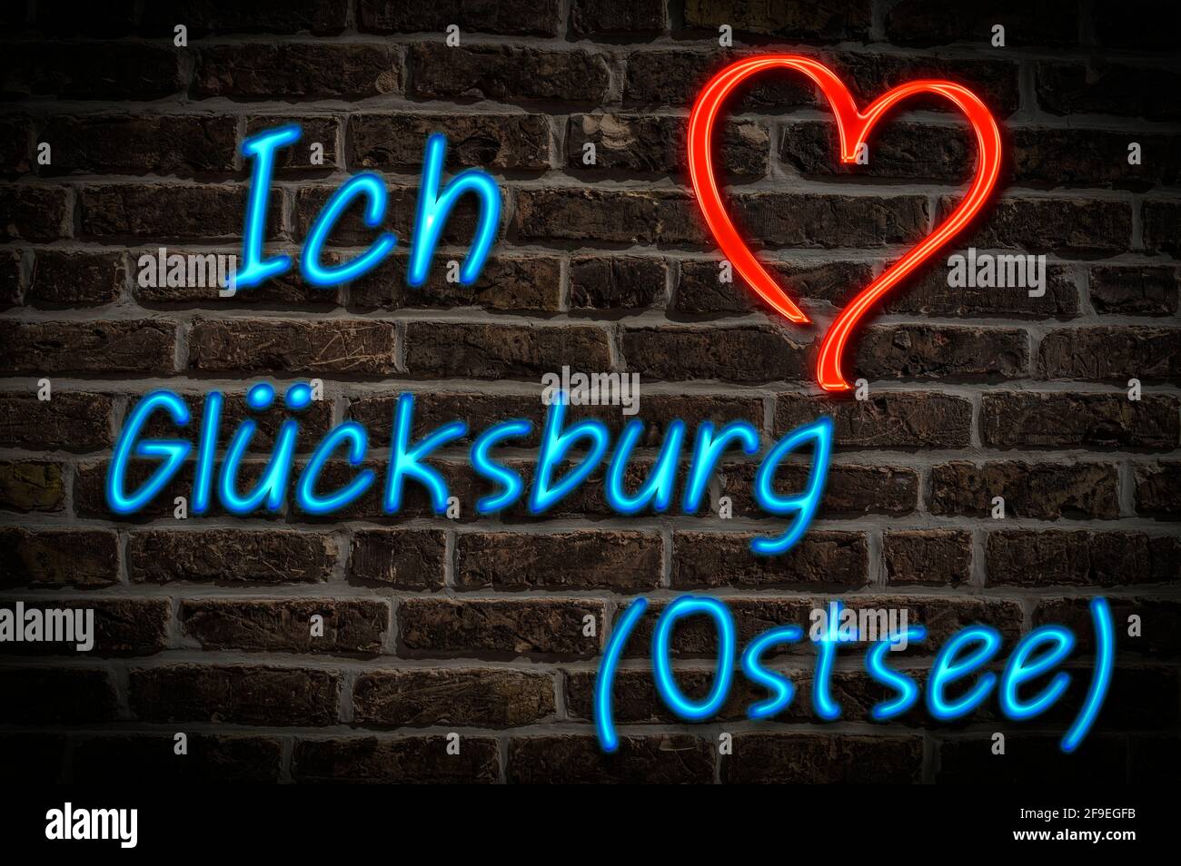 Leuchtreklame, Ich liebe Glücksburg (Ostsee), Schleswig-Holstein, Deutschland, Europa | Illuminated advertising, I love Glücksburg (Ostsee), Schleswig Stock Photo