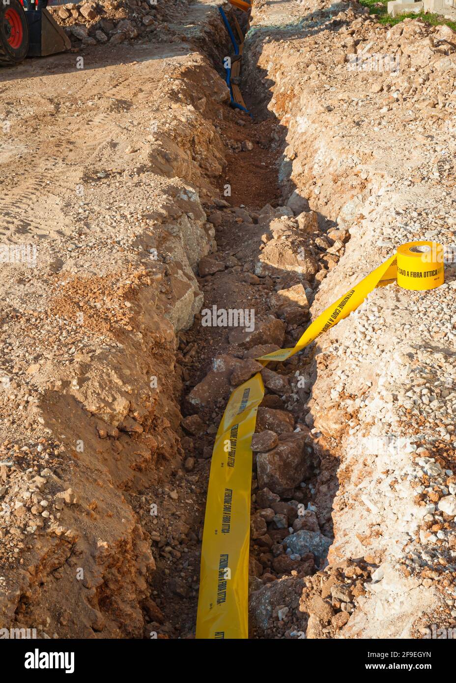 Yellow plastic pipe line for protection fiber optic cable and buried