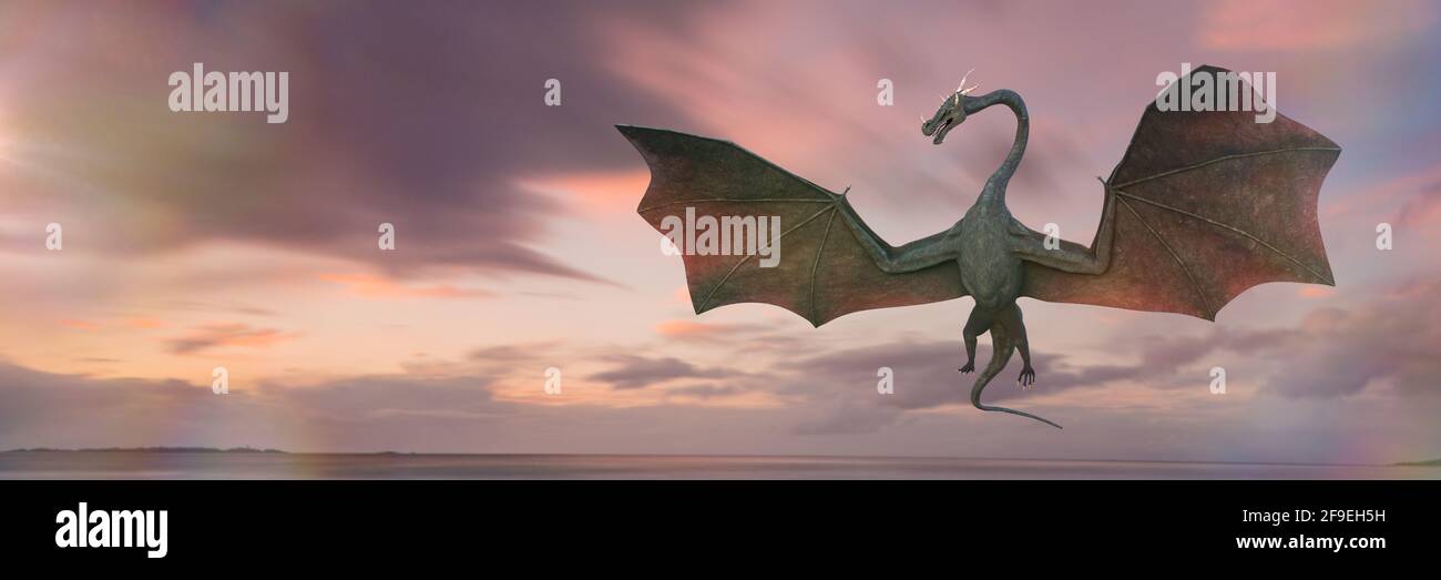 dragon flying through the clouds (3d render banner) Stock Photo