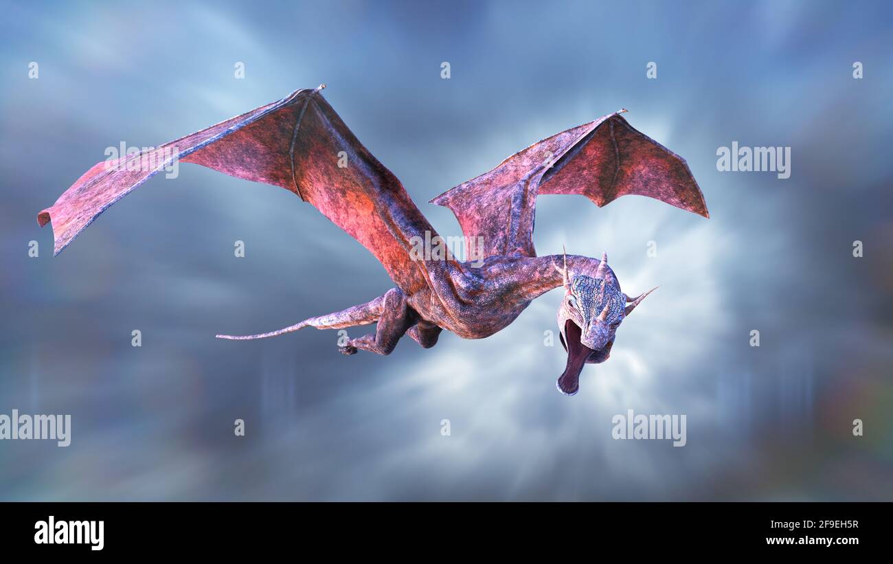 dragon, giant fairy tale creature flying through the clouds (3d fantasy render) Stock Photo