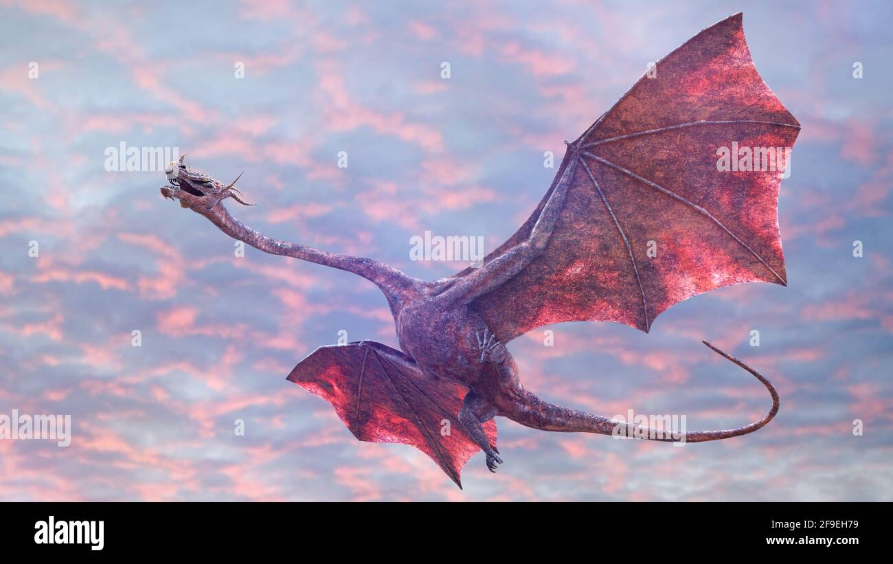 beautiful dragon, fairy tale creature flying in the sky (3d fantasy render) Stock Photo