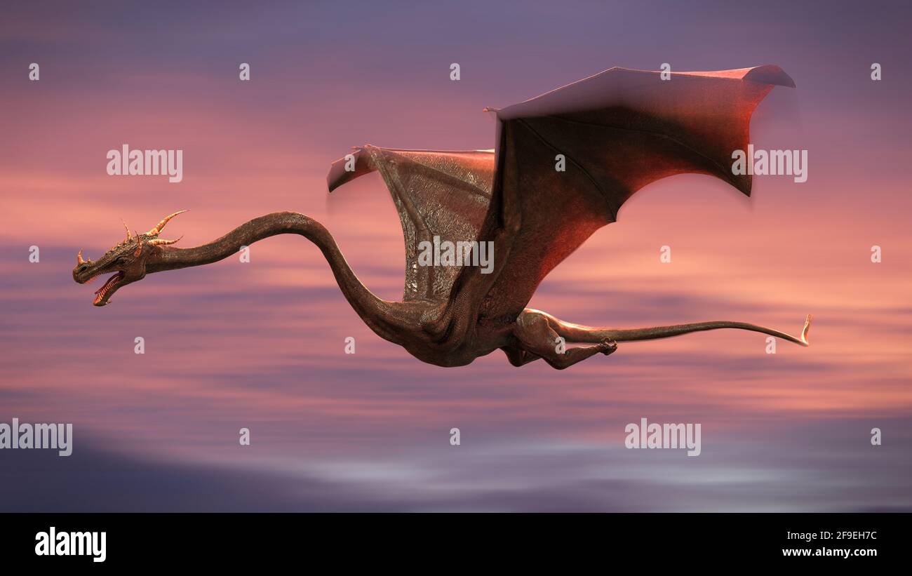 beautiful dragon, red fairy tale creature flying in the sky (3d fantasy render) Stock Photo