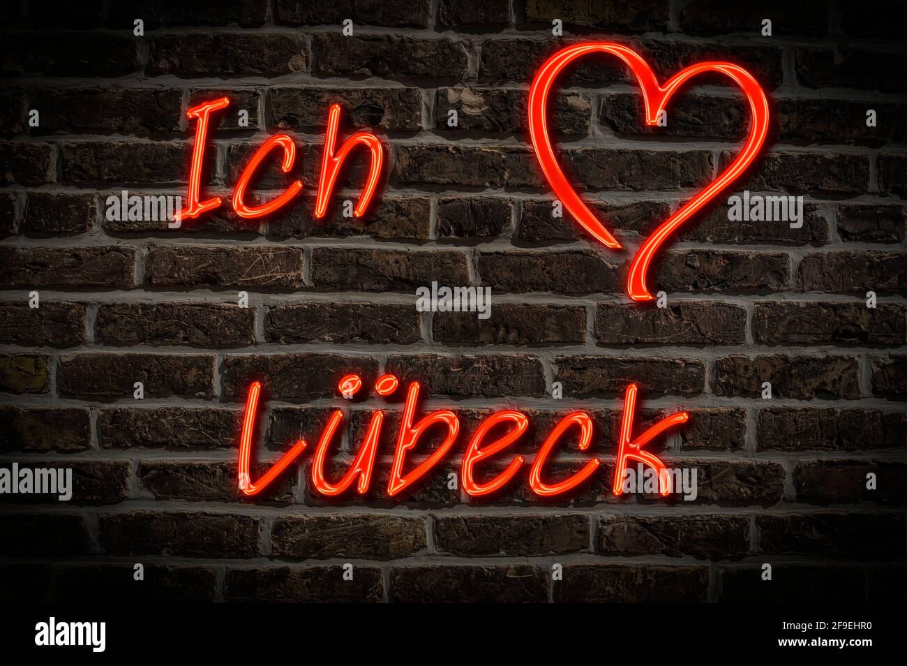 Leuchtreklame, Ich liebe Lübeck, Schleswig-Holstein, Deutschland, Europa | Illuminated advertising, I love Lübeck, Schleswig-Holstein, Germany, Europe Stock Photo