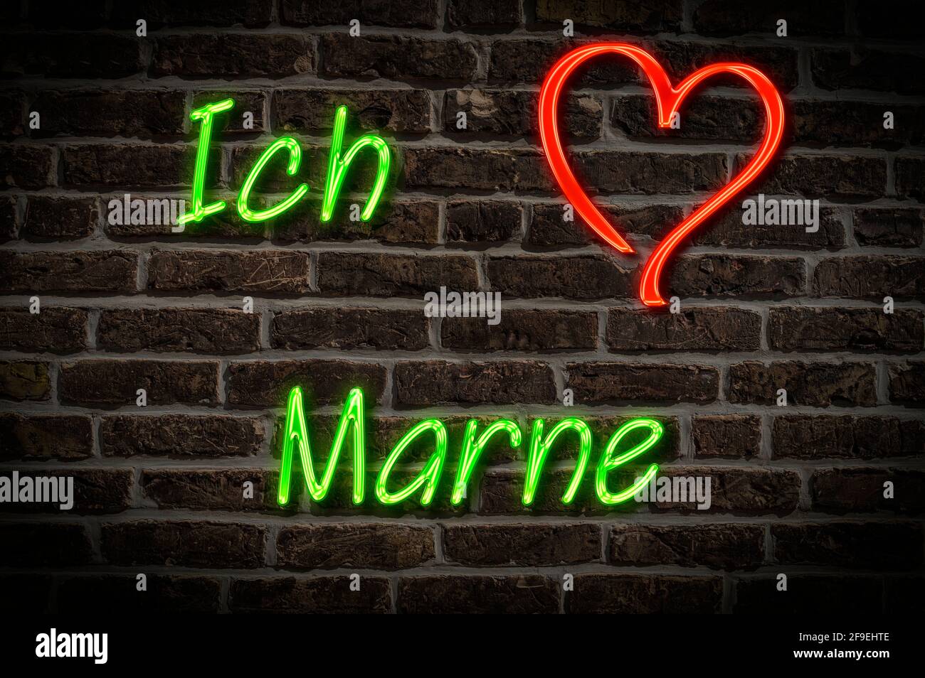 Leuchtreklame, Ich liebe Marne, Schleswig-Holstein, Deutschland, Europa | Illuminated advertising, I love Marne, Schleswig-Holstein, Germany, Europe Stock Photo