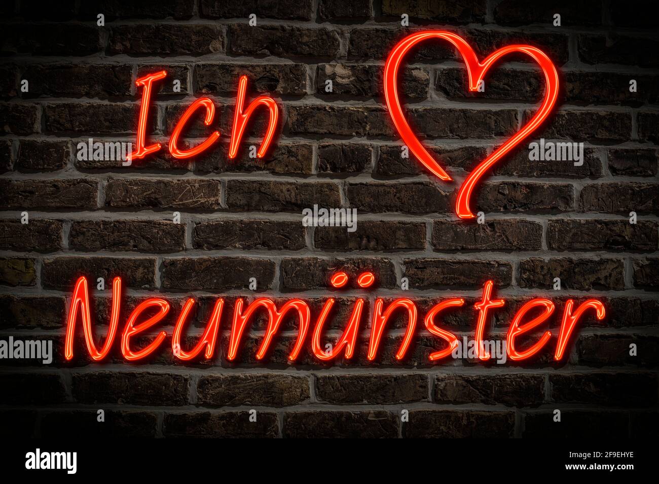 Leuchtreklame, Ich liebe Neumünster, Schleswig-Holstein, Deutschland, Europa | Illuminated advertising, I love Neumünster, Schleswig-Holstein, Germany Stock Photo
