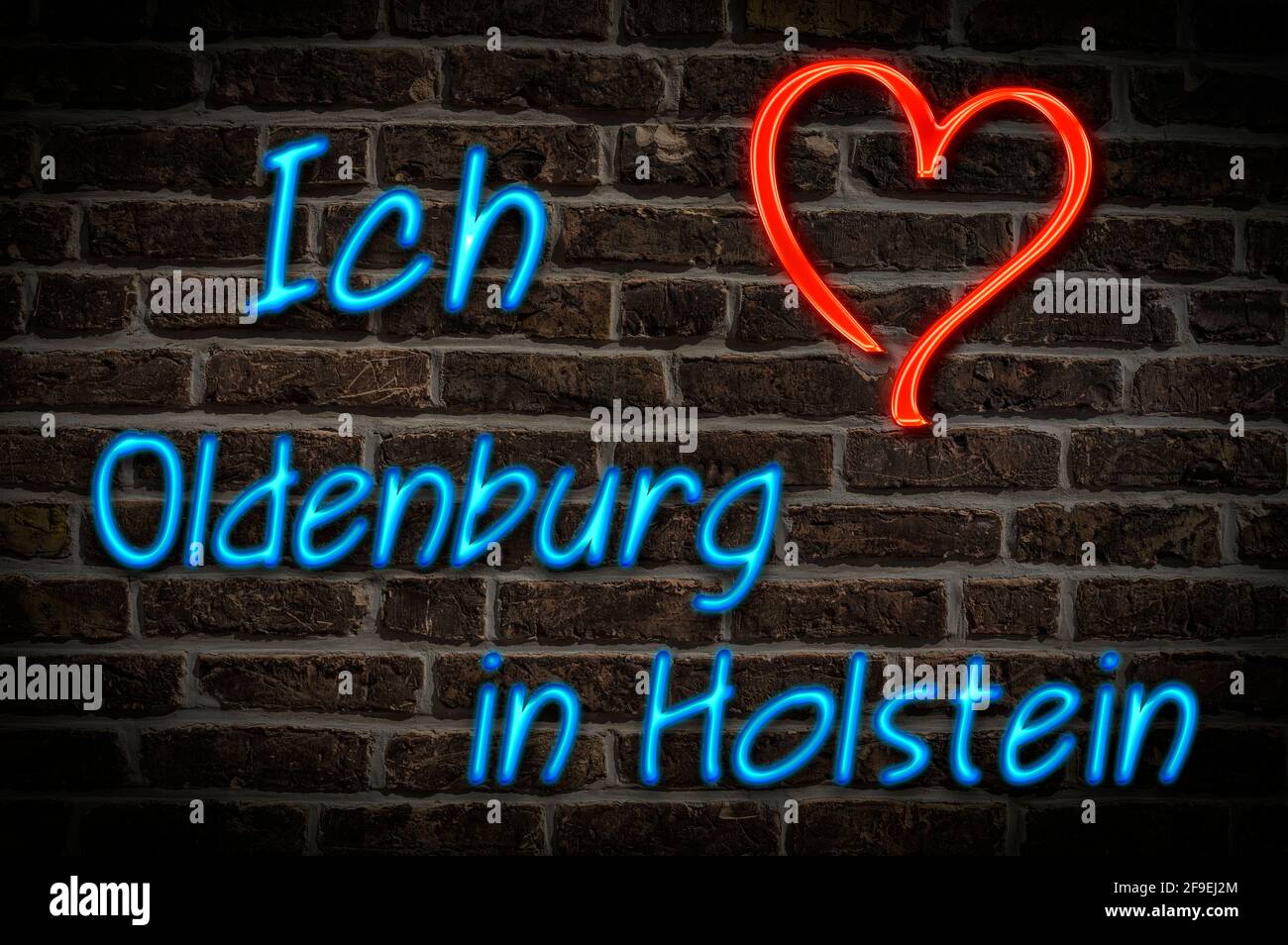 Leuchtreklame, Ich liebe Oldenburg in Holstein, Schleswig-Holstein, Deutschland, Europa | Illuminated advertising, I love Oldenburg in Holstein, Schle Stock Photo
