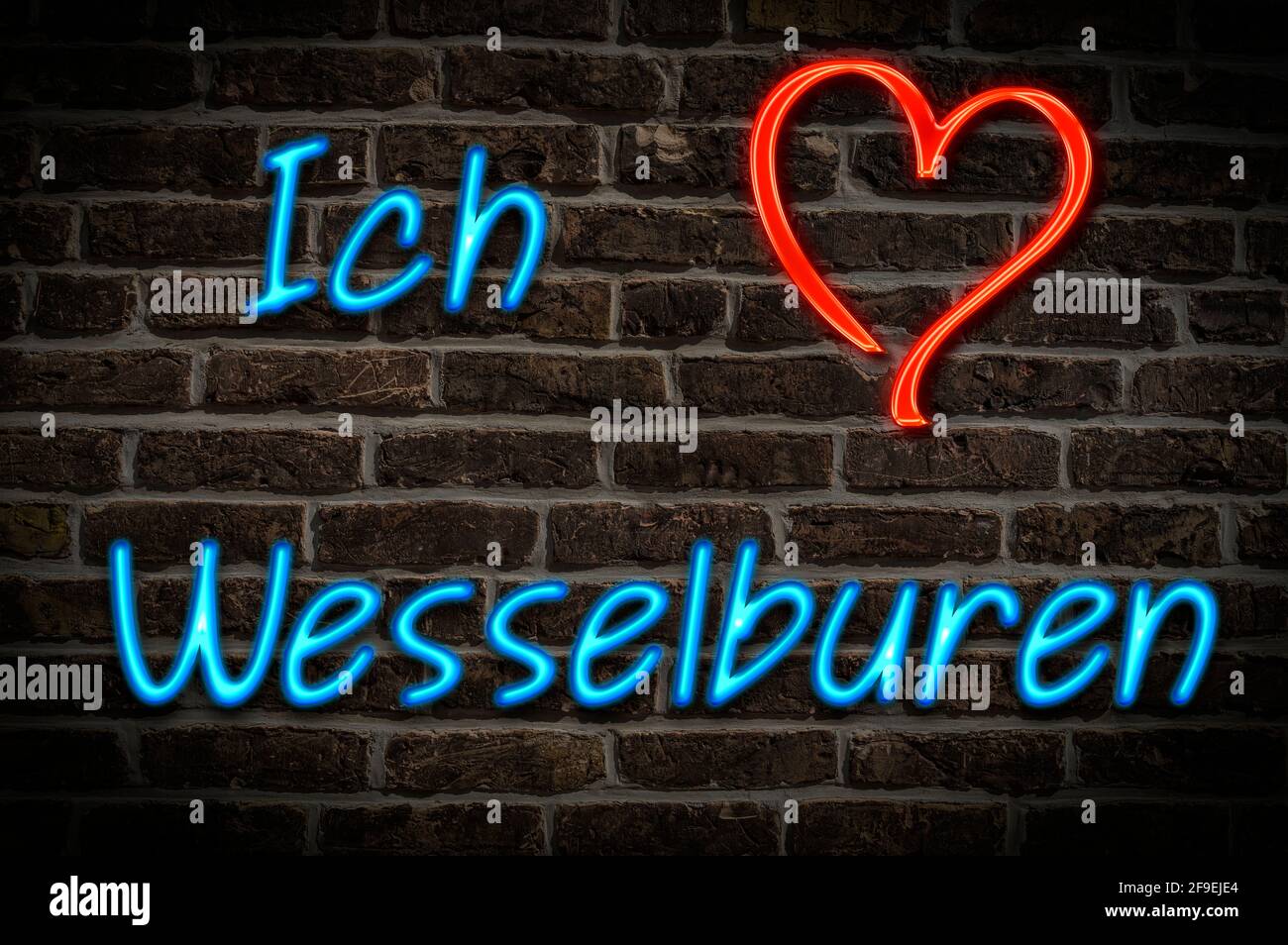 Leuchtreklame, Ich liebe Wesselburen, Schleswig-Holstein, Deutschland, Europa | Illuminated advertising, I love Wesselburen, Schleswig-Holstein, Germa Stock Photo