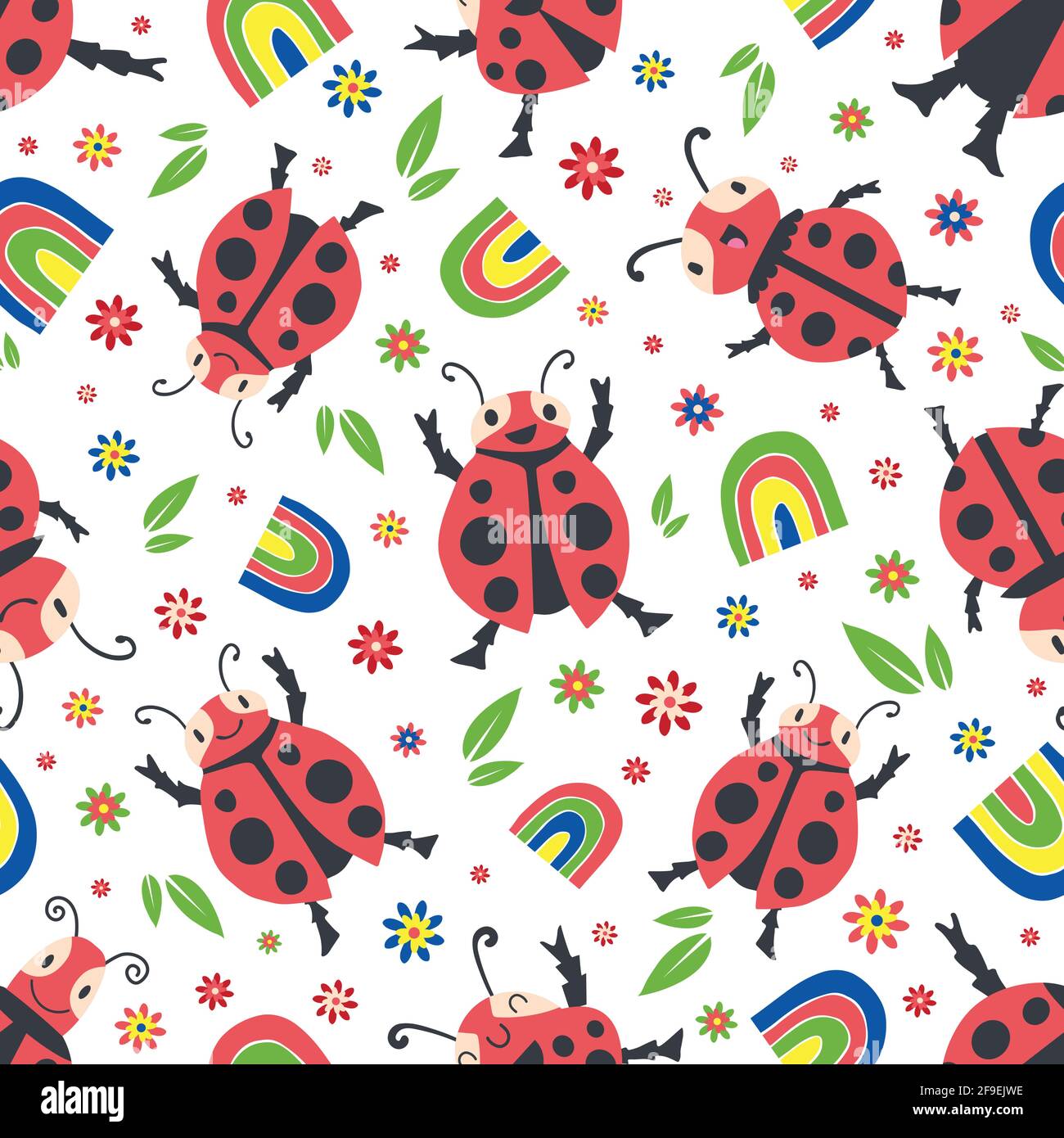Cute ladybirds and rainbows seamless vector pattern background. Happy dancing ladybugs in childlike drawing style. Design in primary colors with Stock Vector