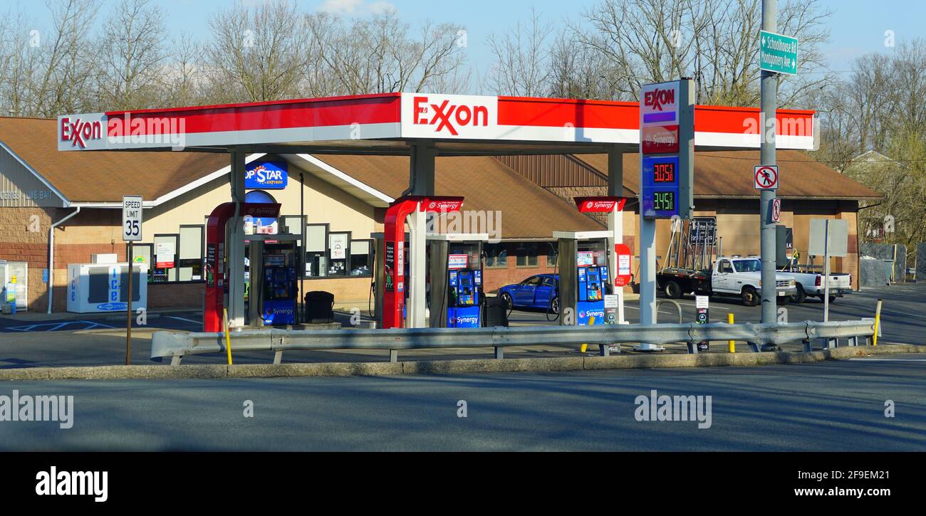 Pennsburg, Pennsylvania, U.S.A - April 12, 2021 - The Exxon gas station during a sunny day Stock Photo