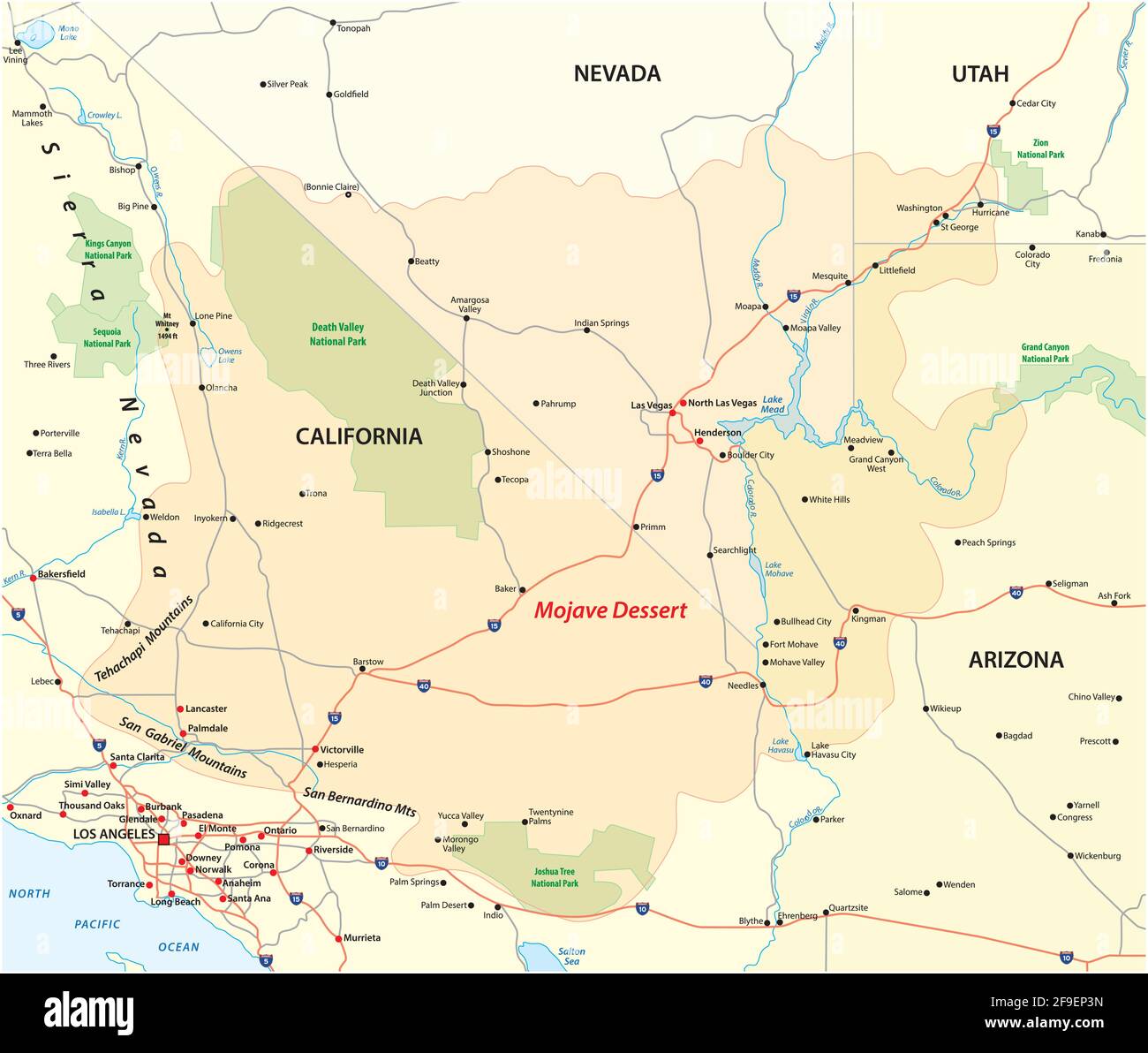 vector map of the mojave desert in the western united states Stock Vector