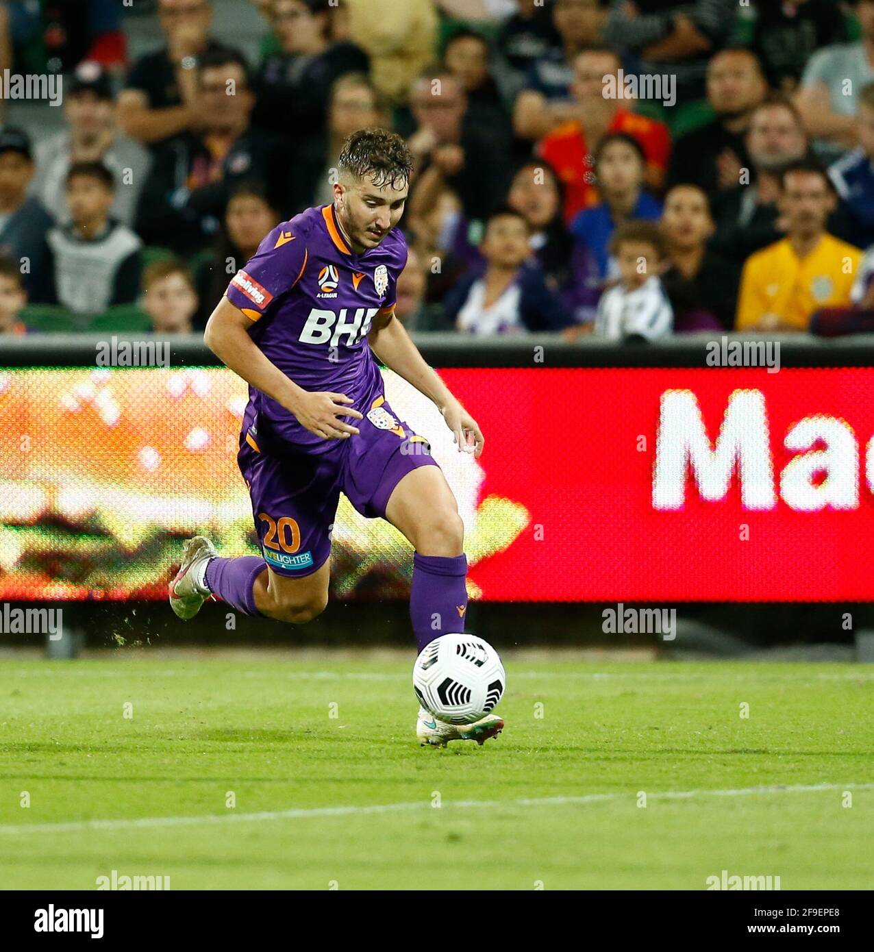 Perth, Western Australia. 18th April 2021; HBF Park, Perth, Western Australia, Australia; A League Football, Perth Glory versus Wellington Phoenix; Carlo Armiento of the Perth Glory breaks with the ball into attack Credit: Action Plus Sports Images/Alamy Live News Stock Photo