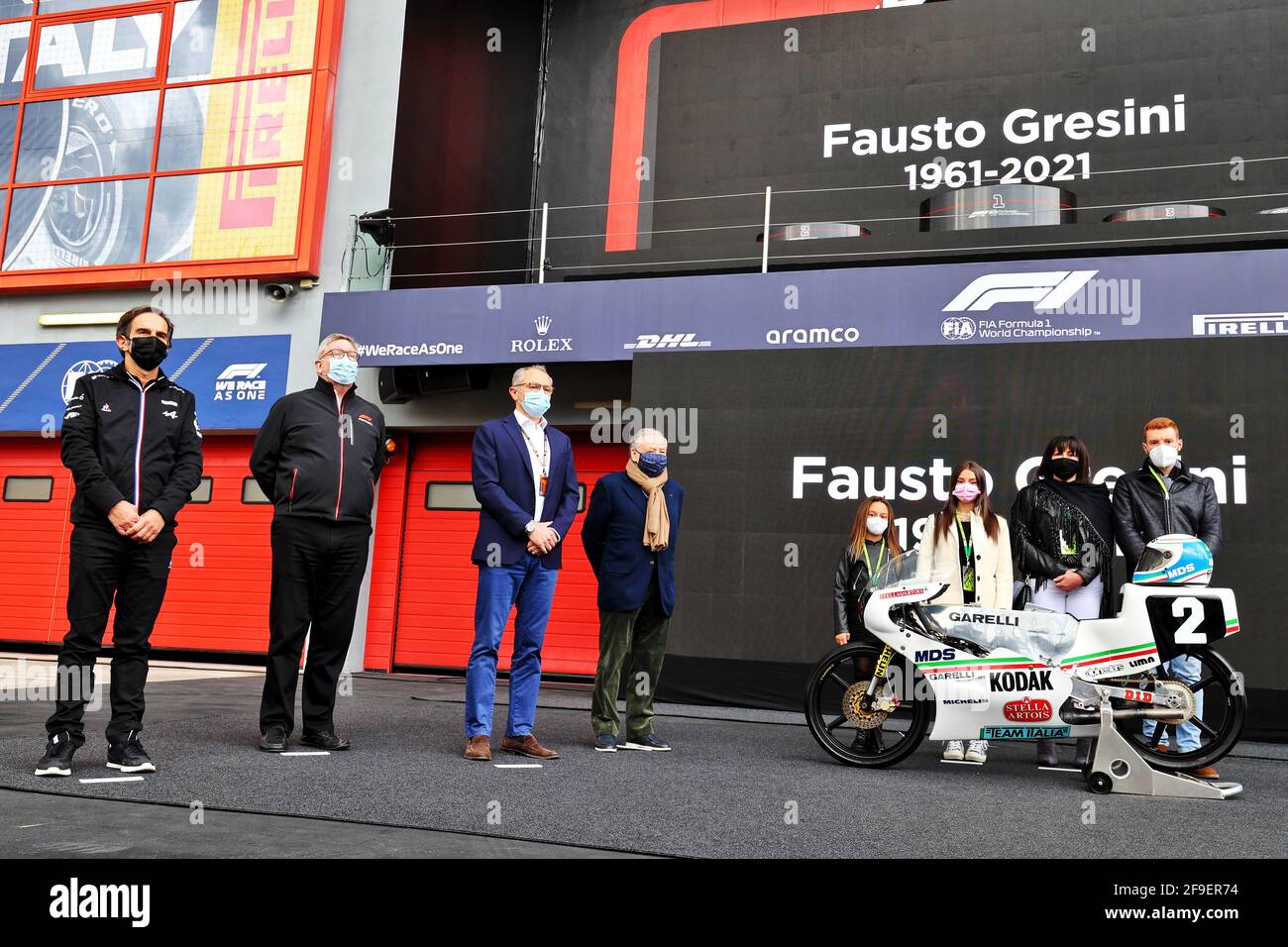 (L to R): Davide Brivio (ITA) Alpine F1 Team Racing Director; rRoss Brawn (GBR) Managing Director, Motor Sports; Stefano Domenicali (ITA) Formula One President and CEO; Jean Todt (FRA) FIA President - F1 pays tribute to two time 125cc World Champion and Moto GP Team Manager Fausto Gresini (ITA). Emilia Romagna Grand Prix, Sunday 18th April 2021. Imola, Italy. Stock Photo