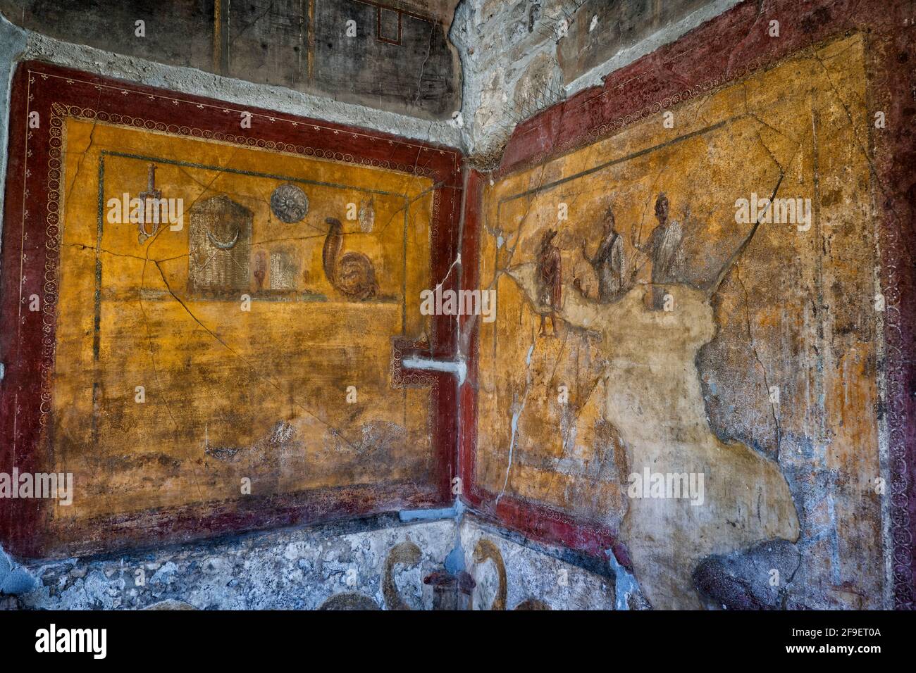 Lararium dedicated to the Egyptian deities in House of the Golden Cupids in ancient Roman city of Pompeii, Pompei, Campania, Italy Stock Photo