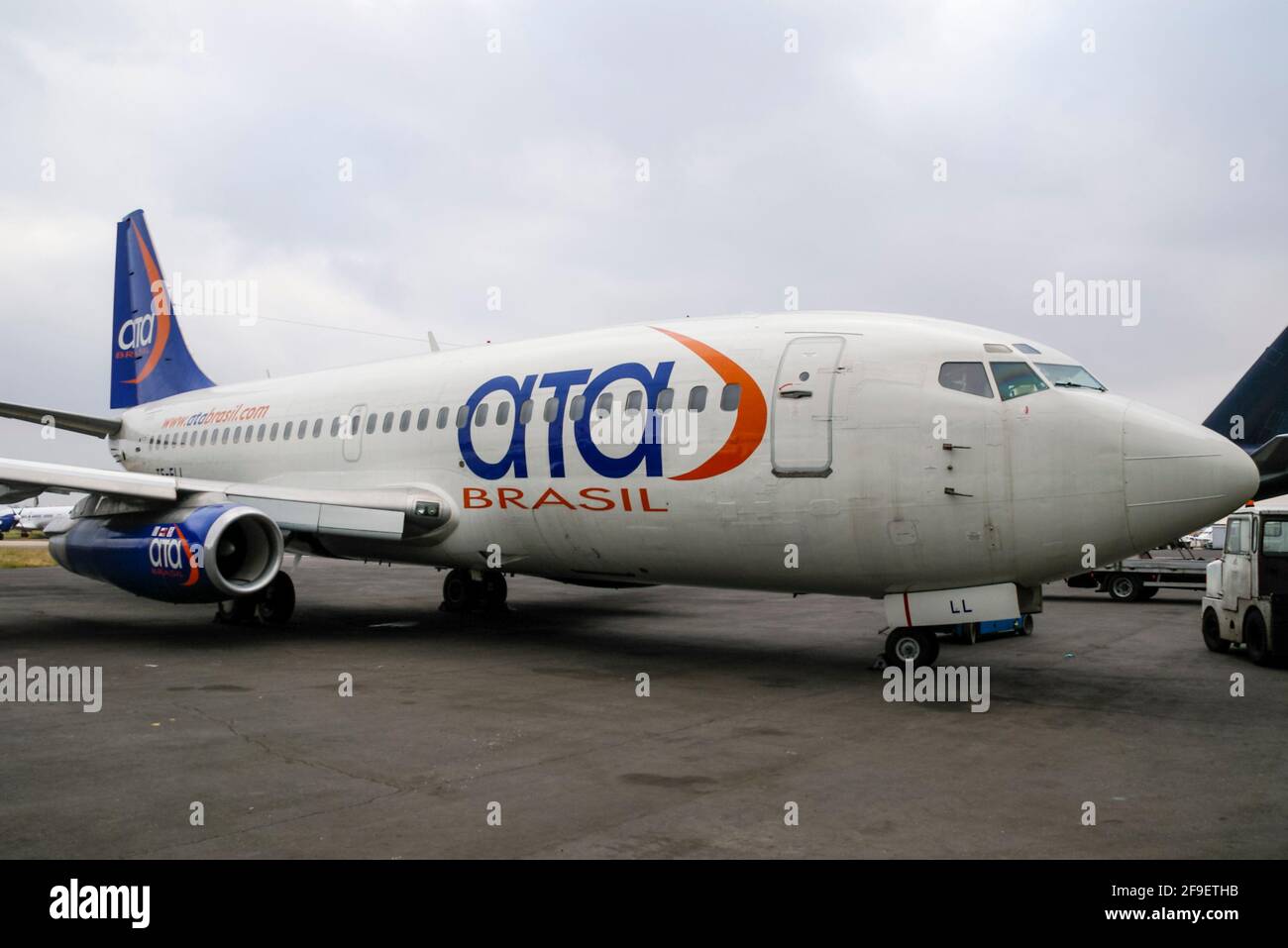 ata Brasil Boeing 737 200 classic jet airliner plane TF-ELL at London Southend Airport, Essex, UK, after the airline ceased operations. Skin repairs Stock Photo